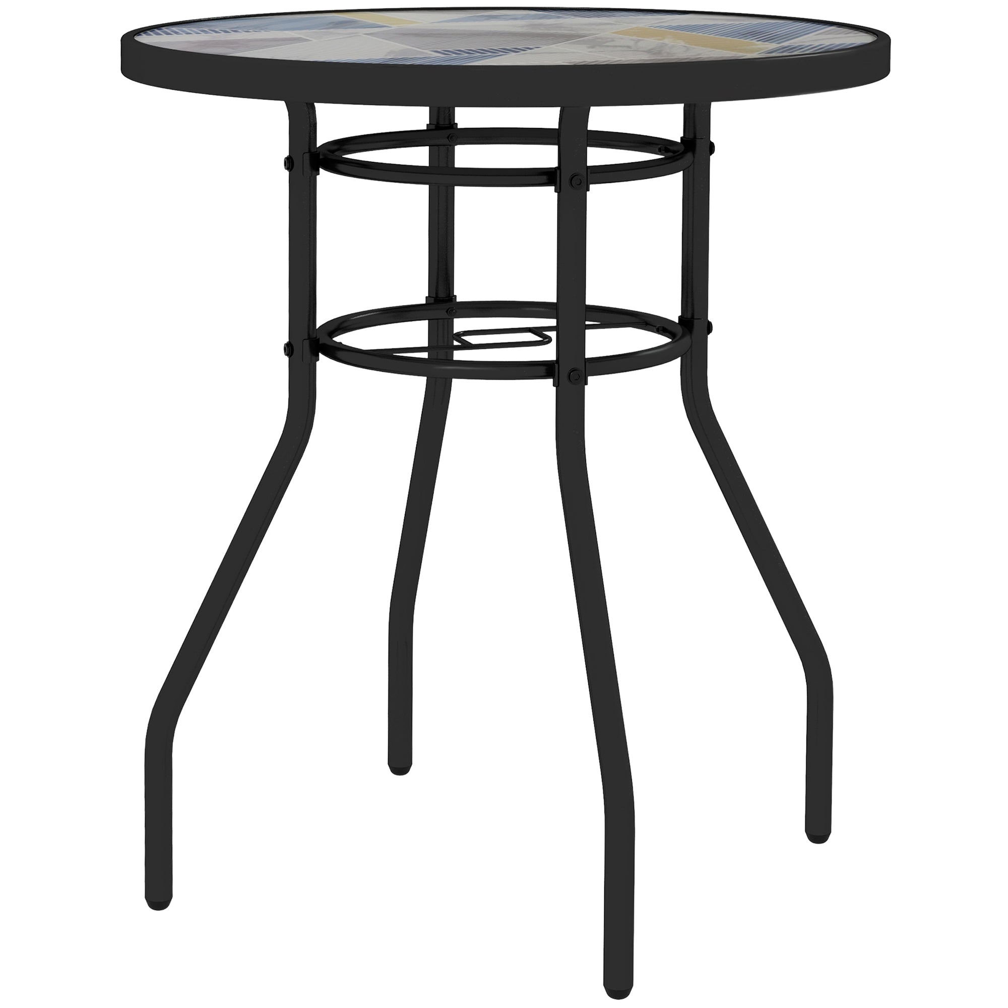 Outsunny Garden Table with Tempered Glass Top, Printed Design, Steel Frame, for Porch, Multicolour | Aosom UK