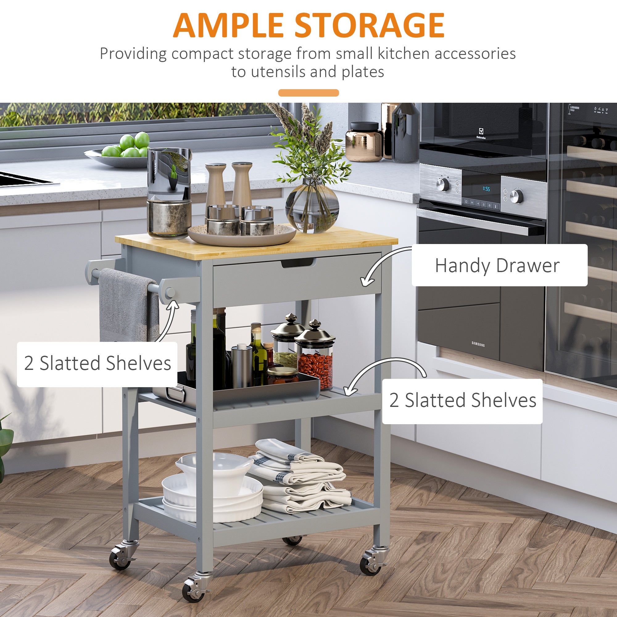 HOMCOM Kitchen Trolley Utility Cart on Wheels with Rubberwood Worktop, Towel Rack, Storage Shelves & Drawer for Dining Room, Grey - North Peak Garden Furniture