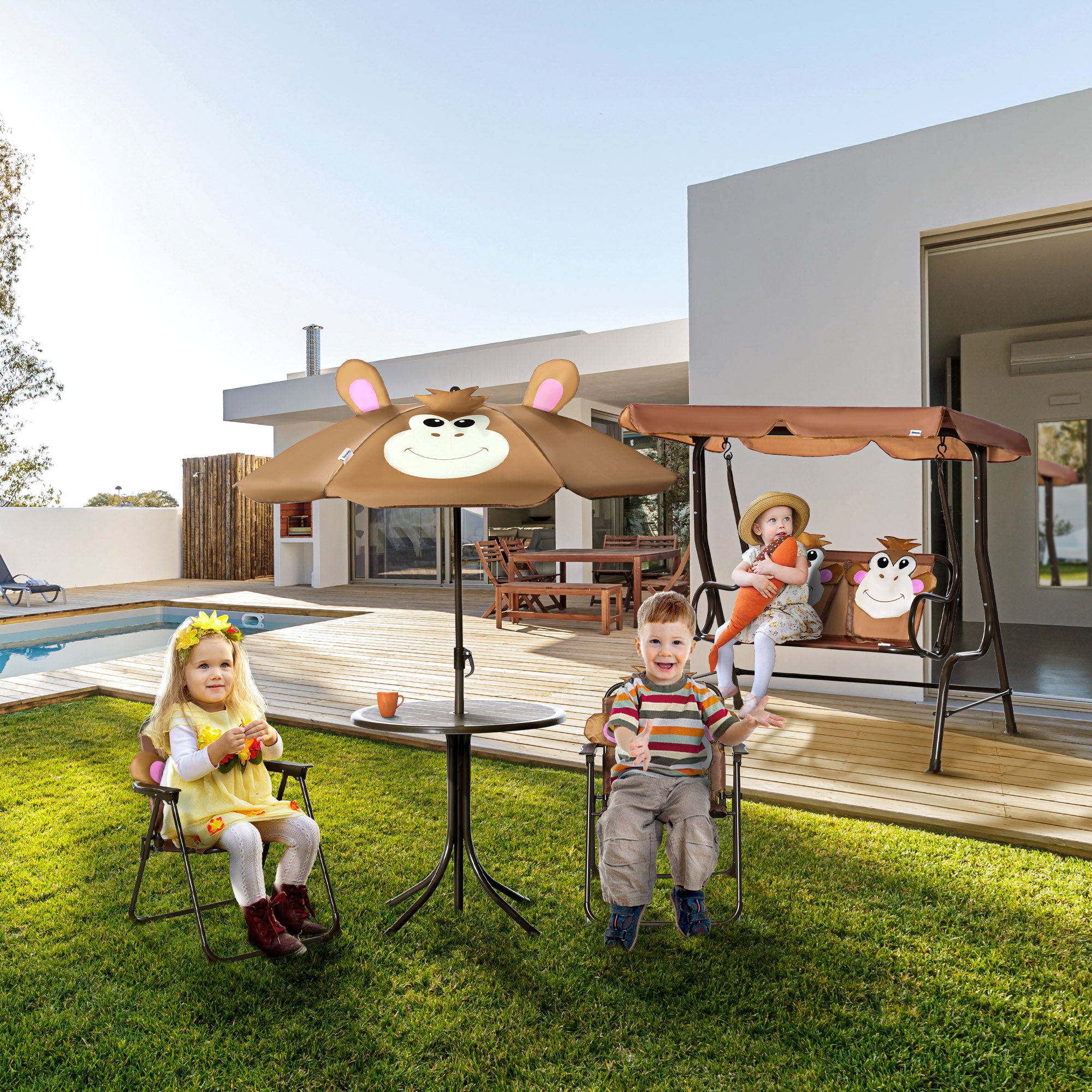 Outsunny 2 Seater Kids Garden Swing Seat, Children Outdoor Patio Lounge Chair for Gardens w/ Adjustable Awning, Seatbelt, Monkey Pattern - Brown - North Peak Garden Furniture