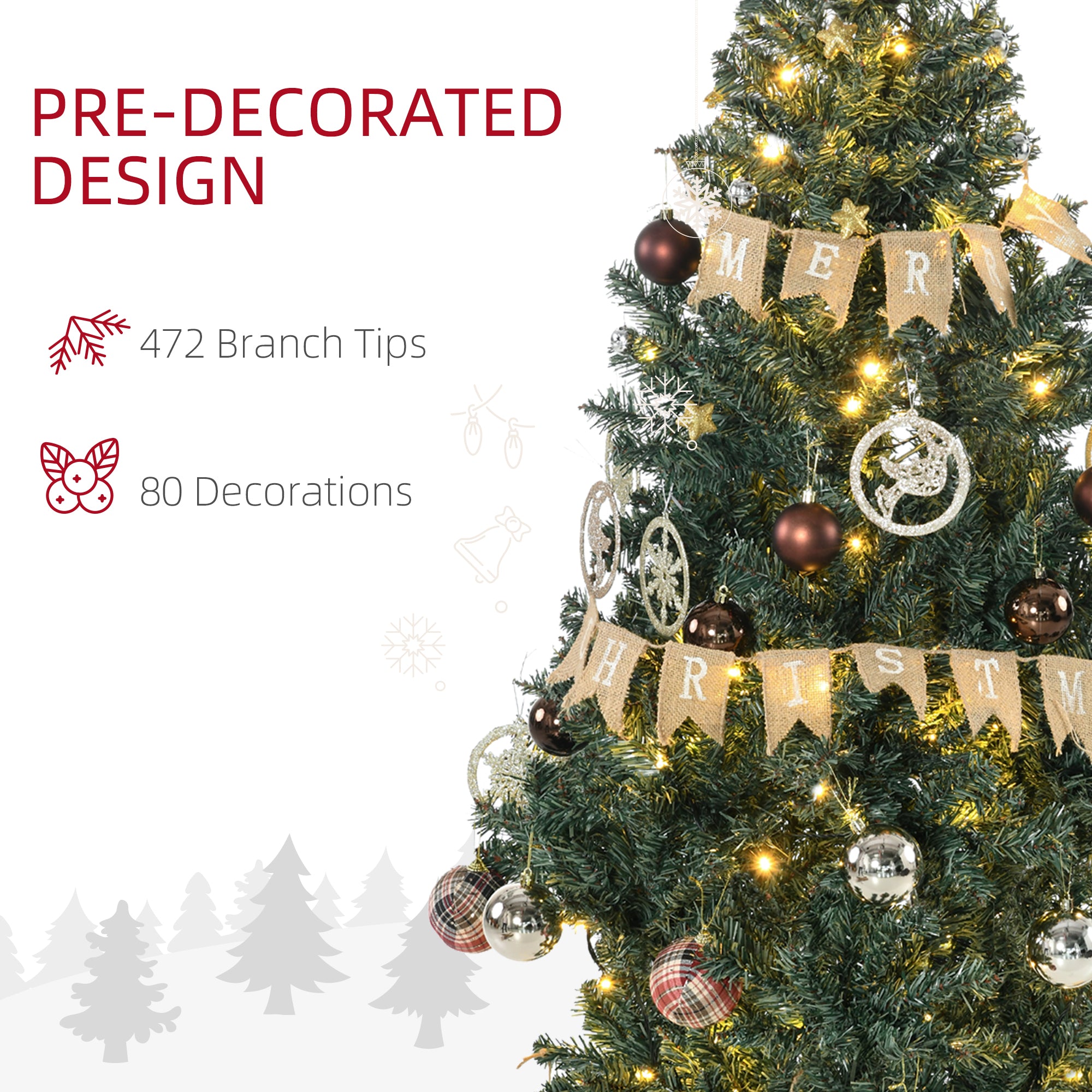 HOMCOM 5' Artificial Prelit Christmas Trees Holiday Décor with Warm White LED Lights, Decoration, Banner, Tag, Ball - North Peak Garden Furniture