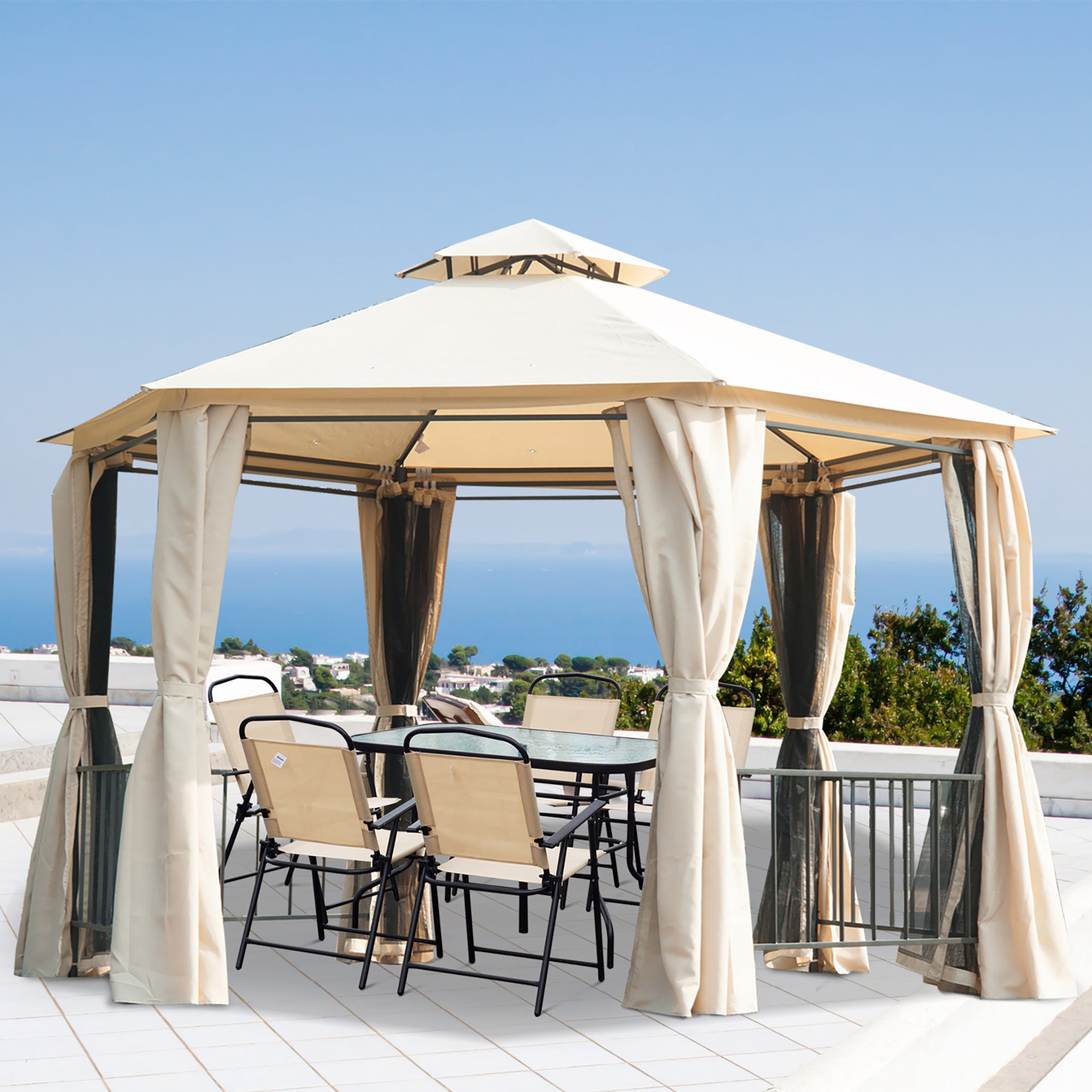 Outsunny 3 x 3(m) Hexagon Gazebo Patio Canopy Party Tent Outdoor Garden Shelter w/ 2 Tier Roof & Side Panel - Beige - North Peak Garden Furniture