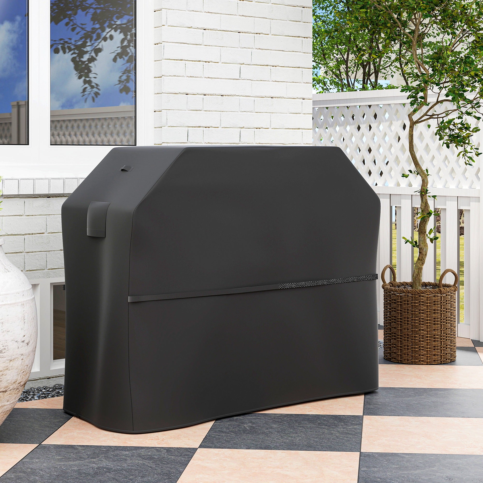 Outsunny BBQ Cover for Rectangular Gas Grill, 600D UPF30+ Oxford Fabric Barbecue Cover for Waterproof Protection Rip-Proof, with Windproof Hook and Loop Fasteners, Vents, 147 x 61 x 122 cm, Black - North Peak Garden Furniture