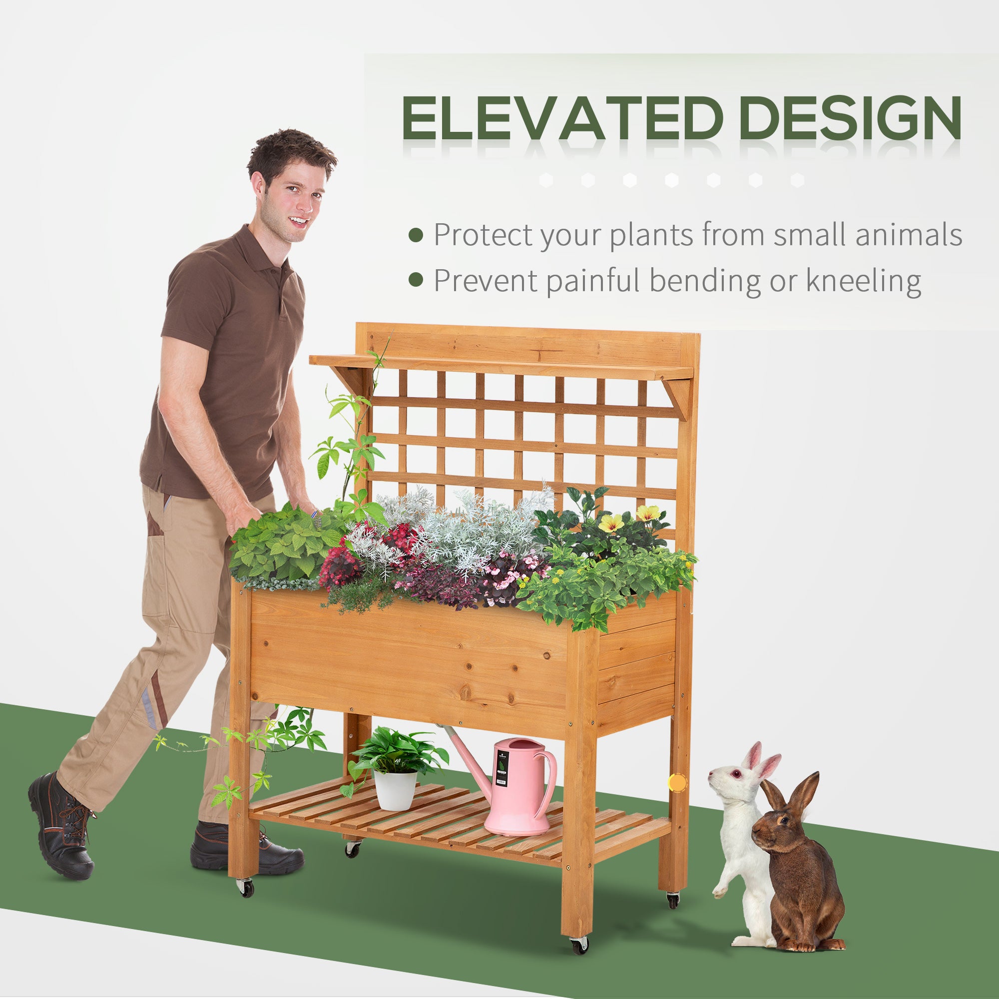 Outsunny Wooden Planter Raised Elevated Garden Bed with 2 Shelves for Vegetables Flowers - North Peak Garden Furniture