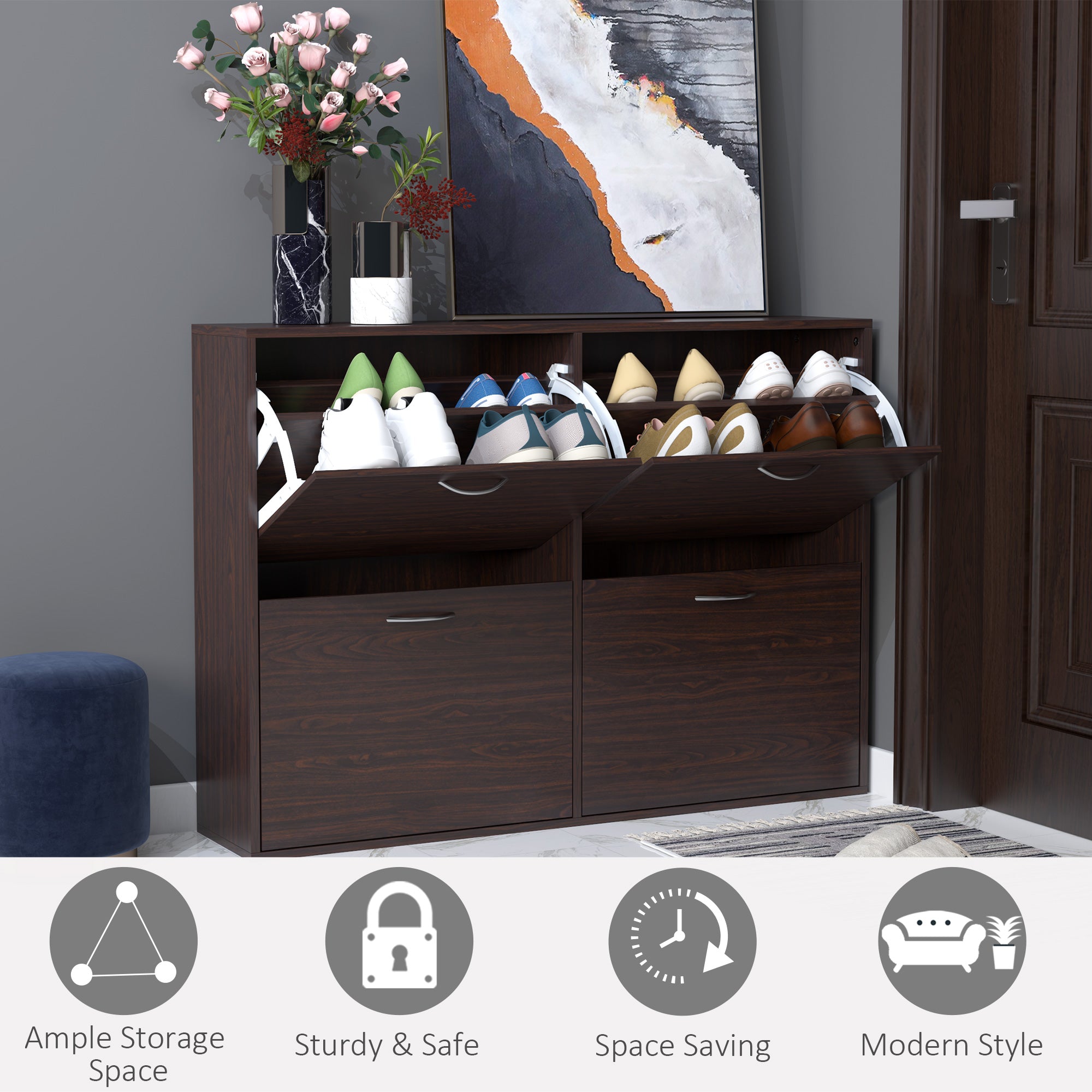 HOMCOM Wooden Modern Design 4 Drawer Shoes Cabinet Pull Down Shelf Storage Organiser Entrance Hallway Furniture - Dark Brown - North Peak Garden Furniture