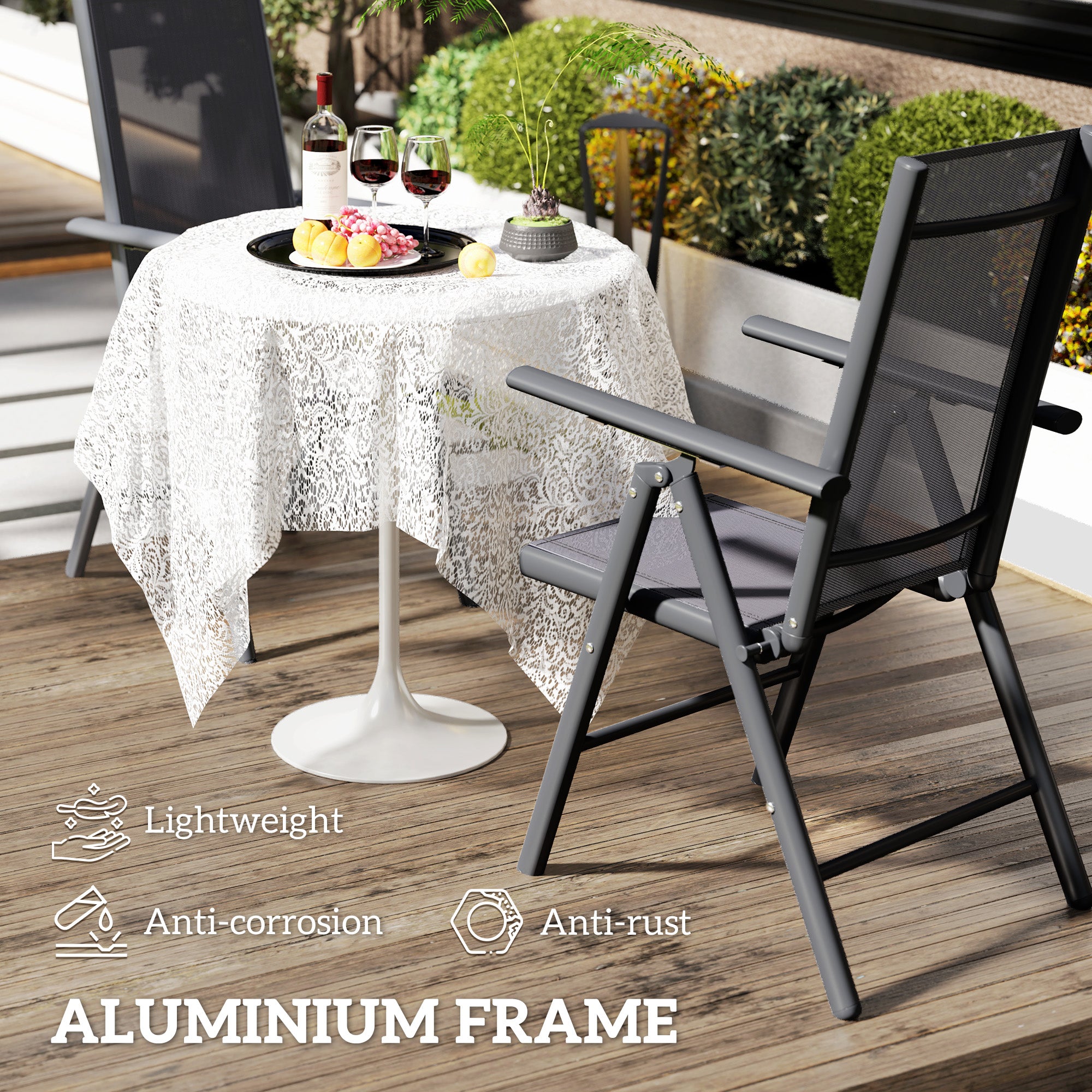 Outsunny Set of 2 Folding Chair, Aluminium Frame Outdoor Camping Chairs with Breathable Mesh Back and Seat, Garden Chair Set with Armrests for Balcony, Dark Grey - North Peak Garden Furniture