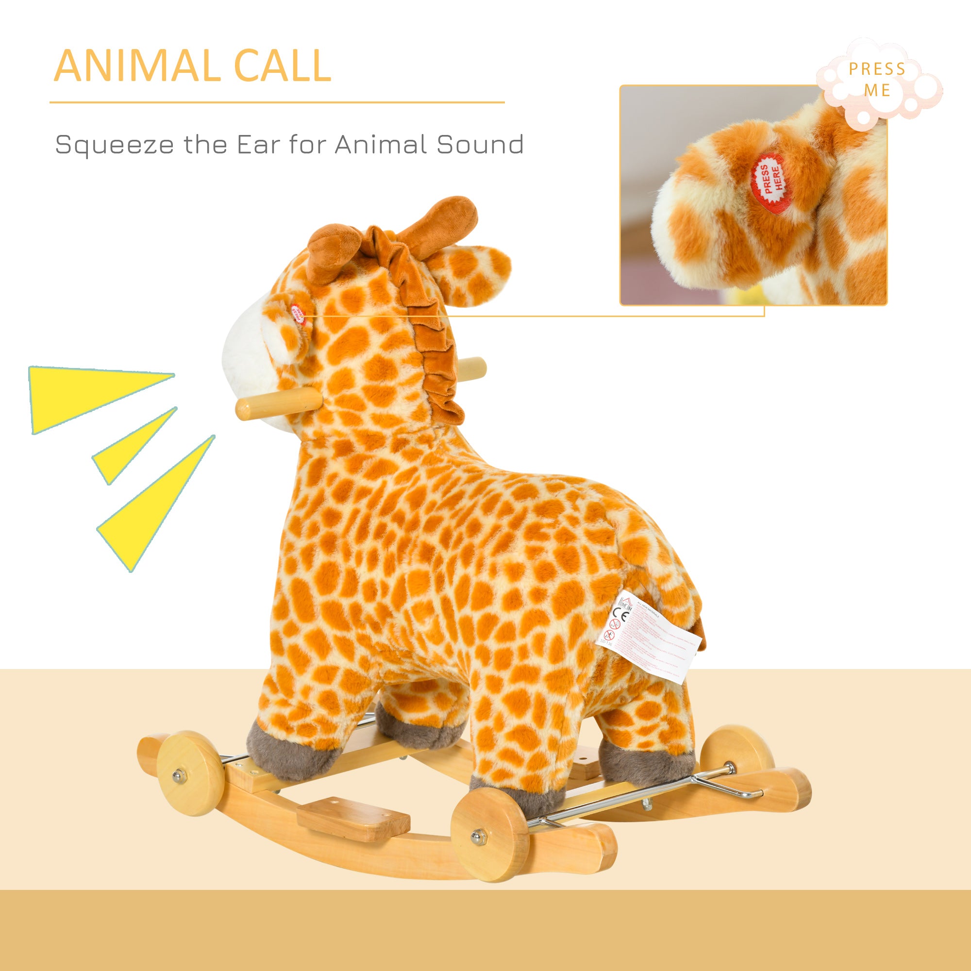 HOMCOM 2 In 1 Kids Todder Rocking Horse Plush Ride On Giraffe Rocker with Wheels Wooden Base Animal Sounds for 3-6 Years