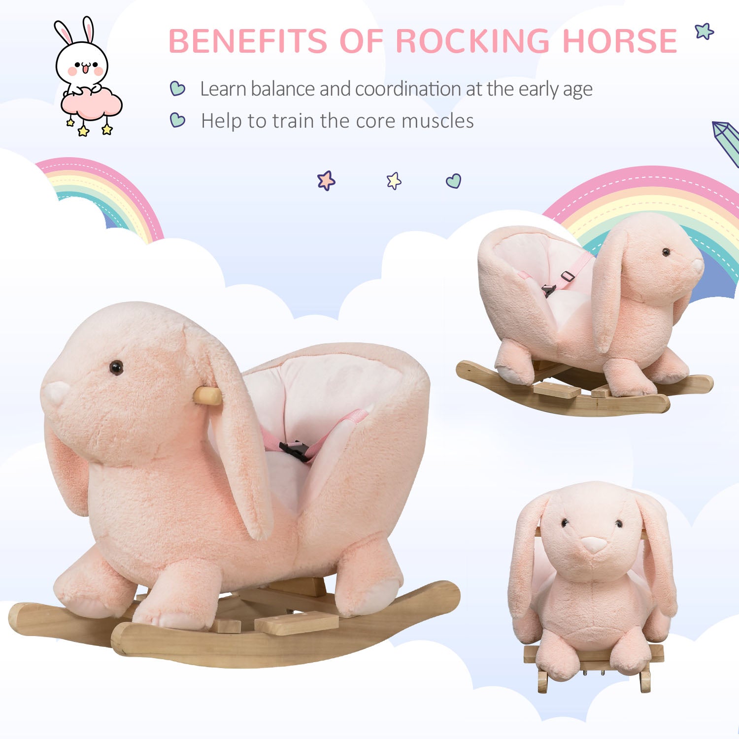 HOMCOM Kids Children Rocking Horse Plush Ride On Rabbit Seat w/ Sound Wood Base Seat Safety Belt Toddler Baby Toy Rocker Pink 18 - 36 Months - North Peak Garden Furniture