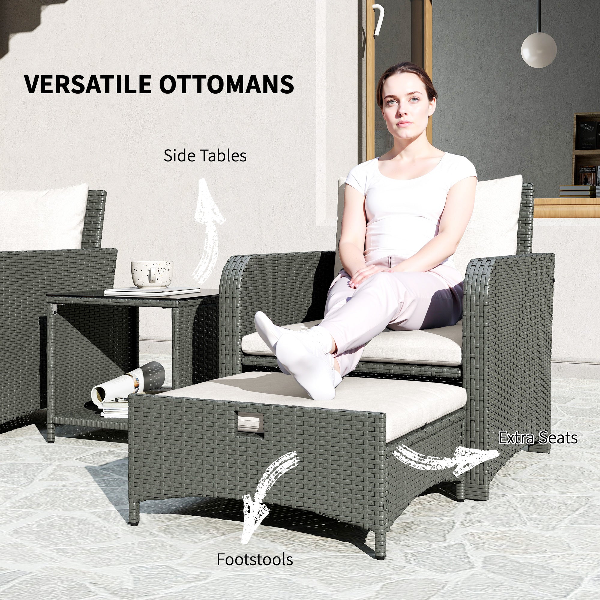 Outsunny Five Piece Rattan Garden Furniture Set with 2-Tier Coffee Table and Ottomans - Cream White - North Peak Garden Furniture