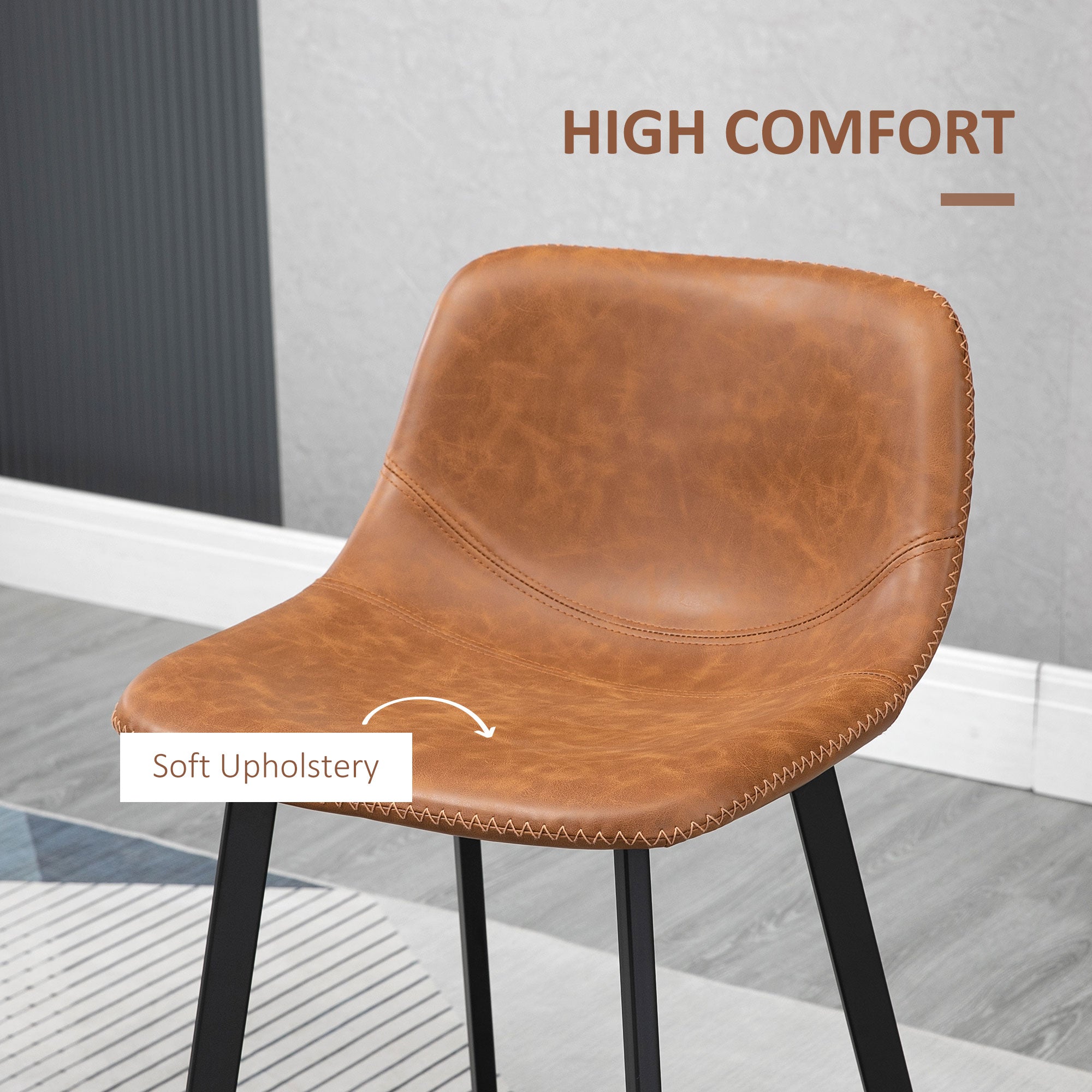 HOMCOM Bar Stools Set of 2, Industrial Kitchen Stool, Upholstered Bar Chairs with Back, Steel Legs, Brown - North Peak Garden Furniture