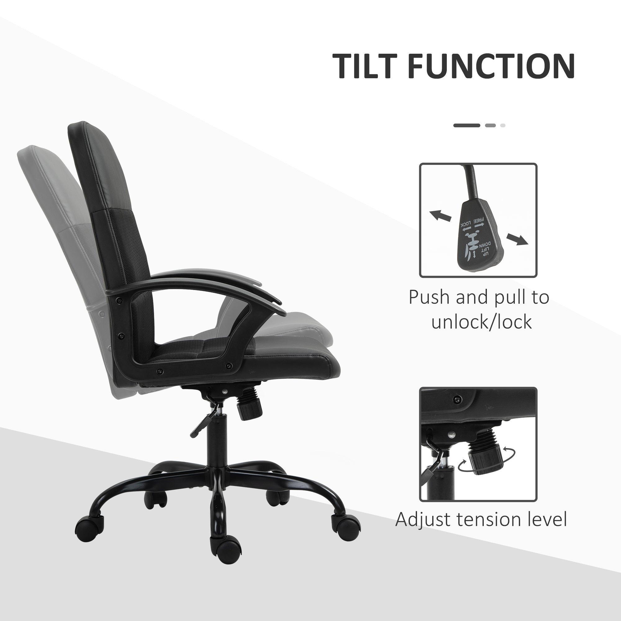 Vinsetto Mesh Office Chair, Faux Leather Desk Chair with Swivel Wheels, Adjustable Height and Tilt Function, Black - North Peak Garden Furniture