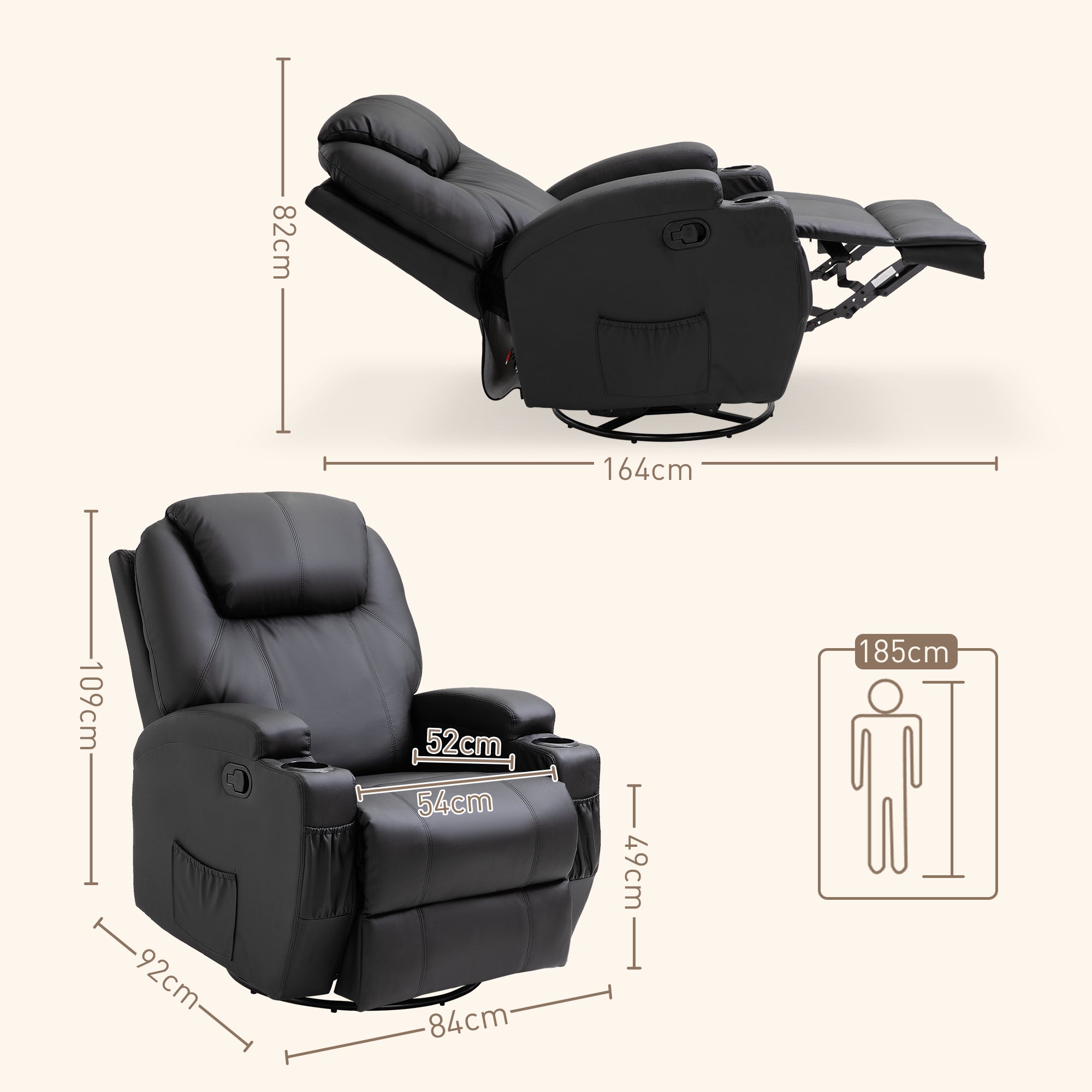 HOMCOM Recliner Armchair, Rocking Massage Swivel PU Leather Manual Reclining Chair with Adjustable Leg Rest, Drink Holders, Side Pocket, for Home Living Room Theater, Black