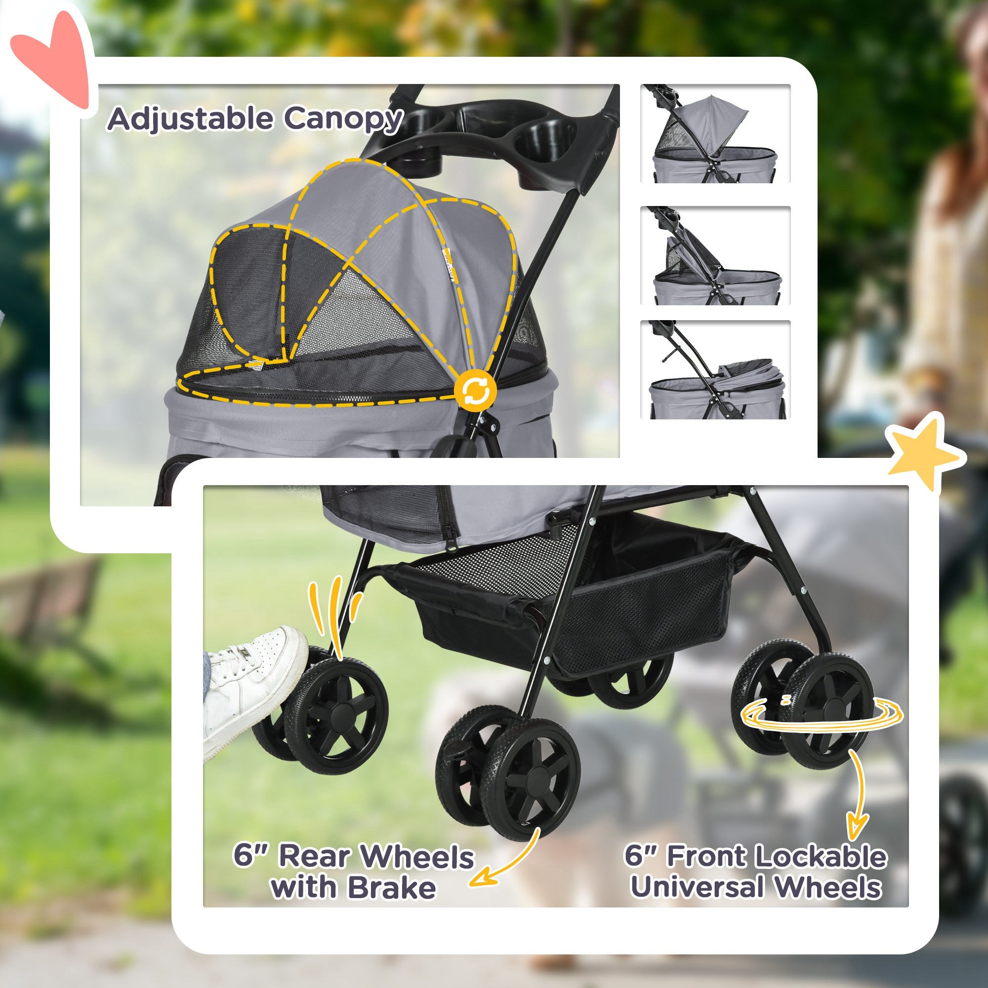 PawHut Dog Pram Dog Stroller Foldable Pet Pushchair with 4 Wheels, Safety Leashes, Cup Holder for Small Dogs, Grey - North Peak Garden Furniture