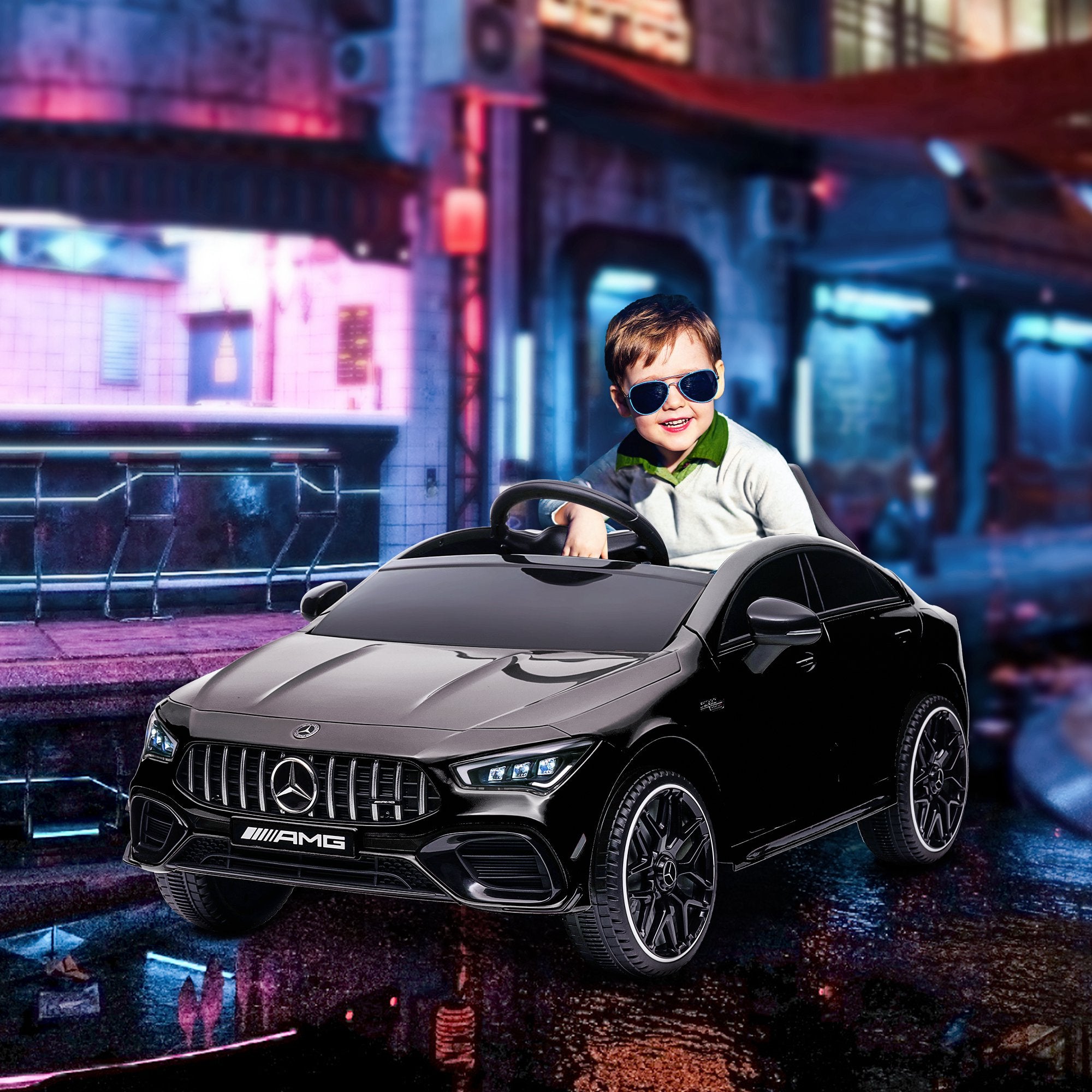 AIYAPLAY Mercedes-AMG CLA 45 Licensed 12V Kids Electric Car Ride on Car w/ Remote, Suspension Lights Music Horn - Black - North Peak Garden Furniture