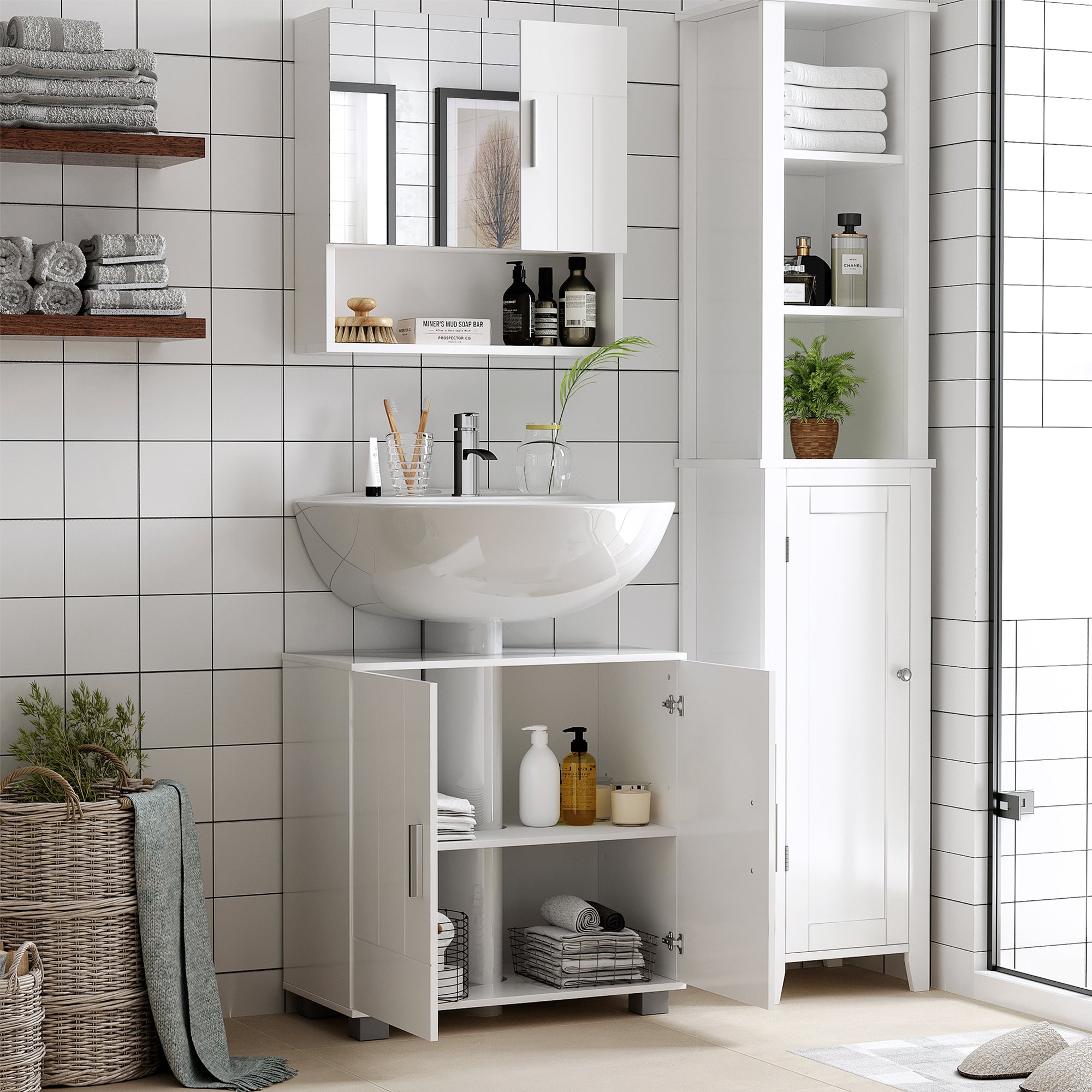 kleankin Bathroom Mirror Cabinet, Wall Mounted Storage Cupboard Organizer with Double Doors and Adjustable Shelf, White - North Peak Garden Furniture