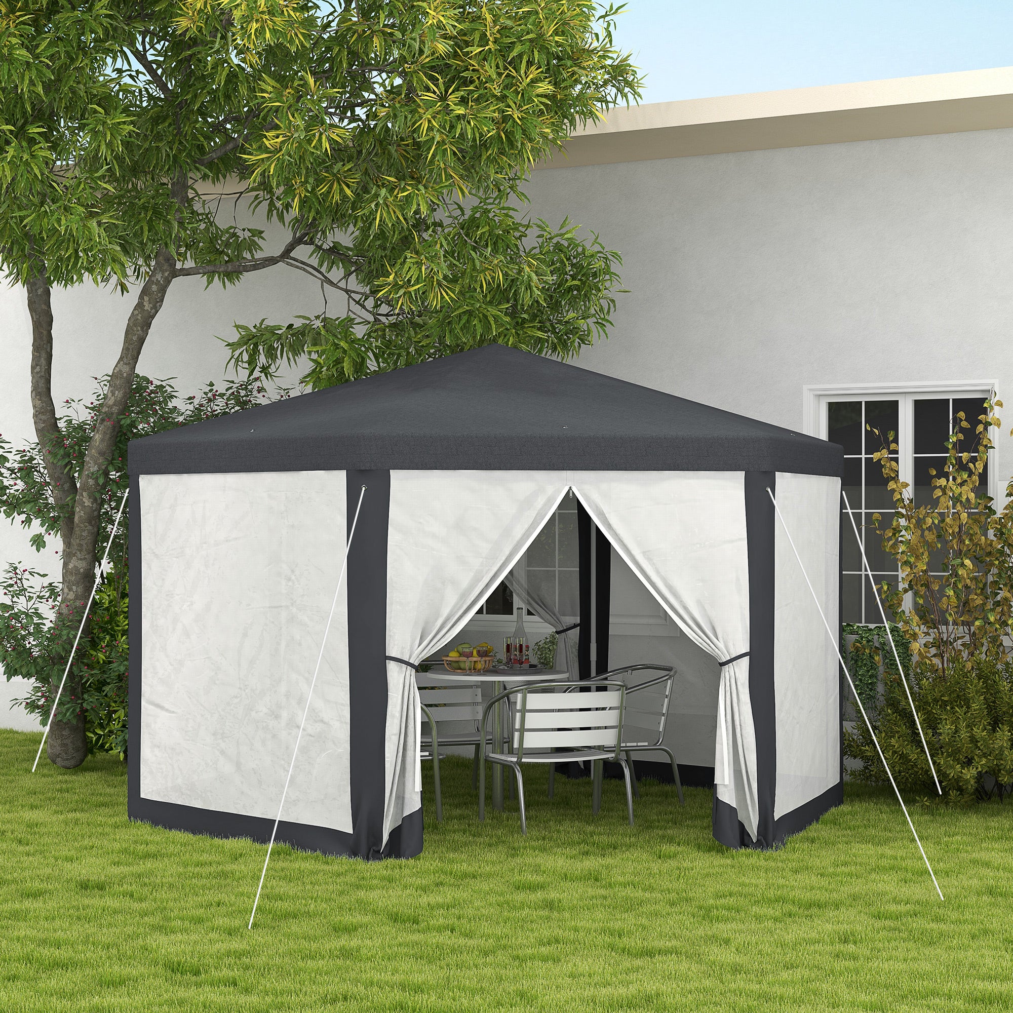 Outsunny 4M Hexagon Gazebo, Netting Party Tent, Patio Canopy Outdoor Event Shelter for Activities, Shade Resistant, Dark Grey - North Peak Garden Furniture