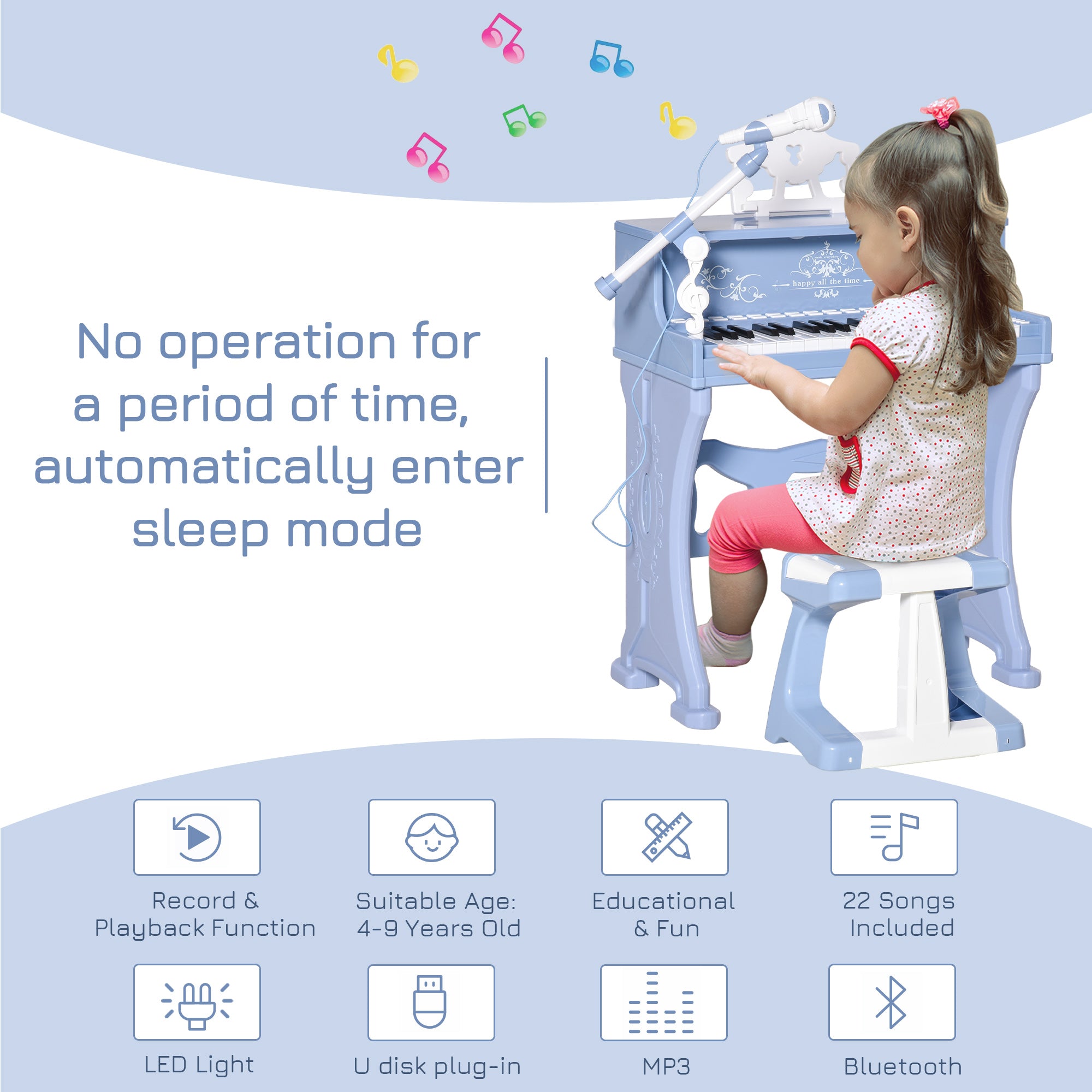 HOMCOM 37 Keys Kids Piano Mini Electronic Keyboard Light Kids Musical Instrument Educational Game Children Grand Piano Toy Set w/Stool & Microphone & Music Stand (Blue) - North Peak Garden Furniture