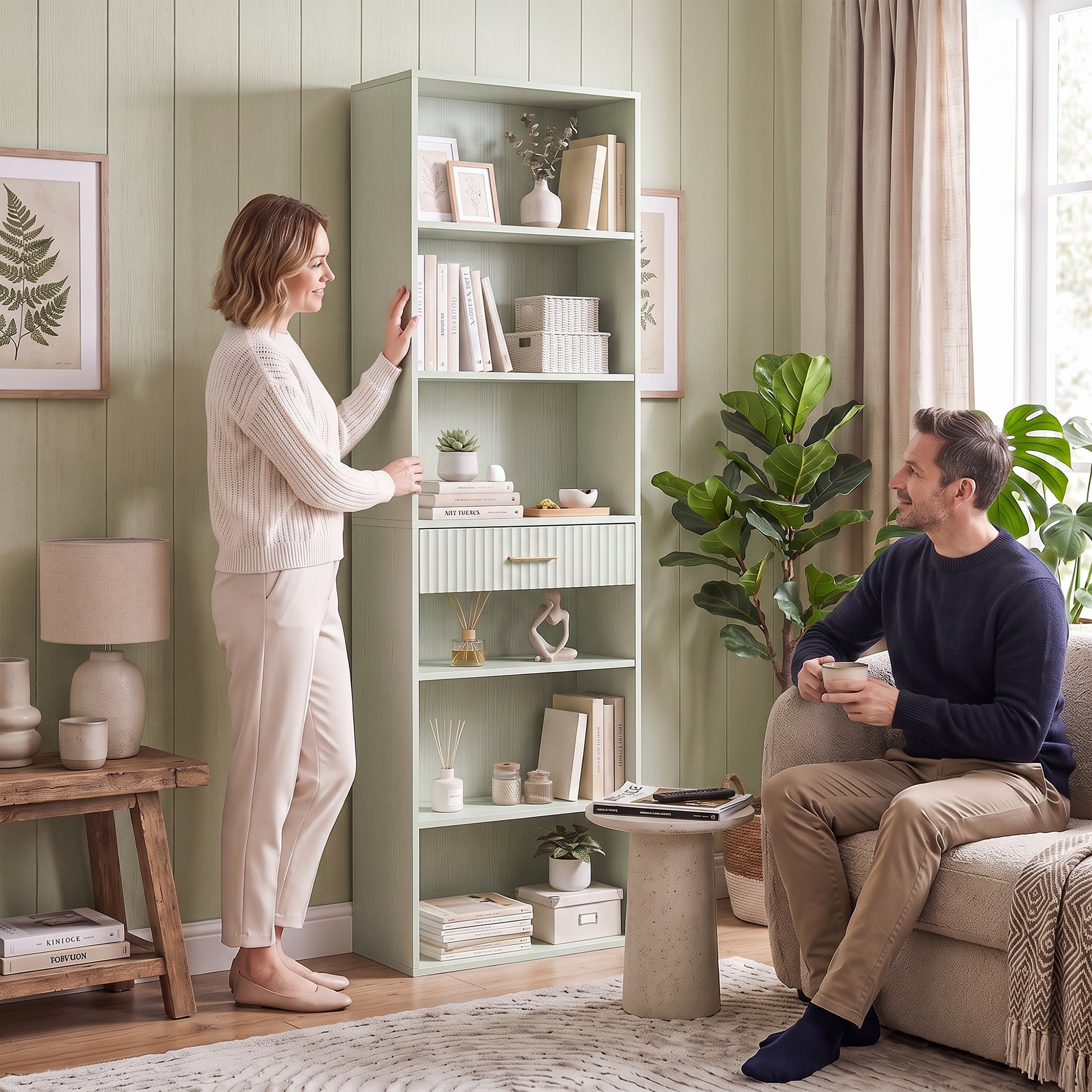 HOMCOM Bookcase Narrow Tall Space-Saving Bookshelf Drawer Open Shelves 60 x 24 x 182 cm Light Green