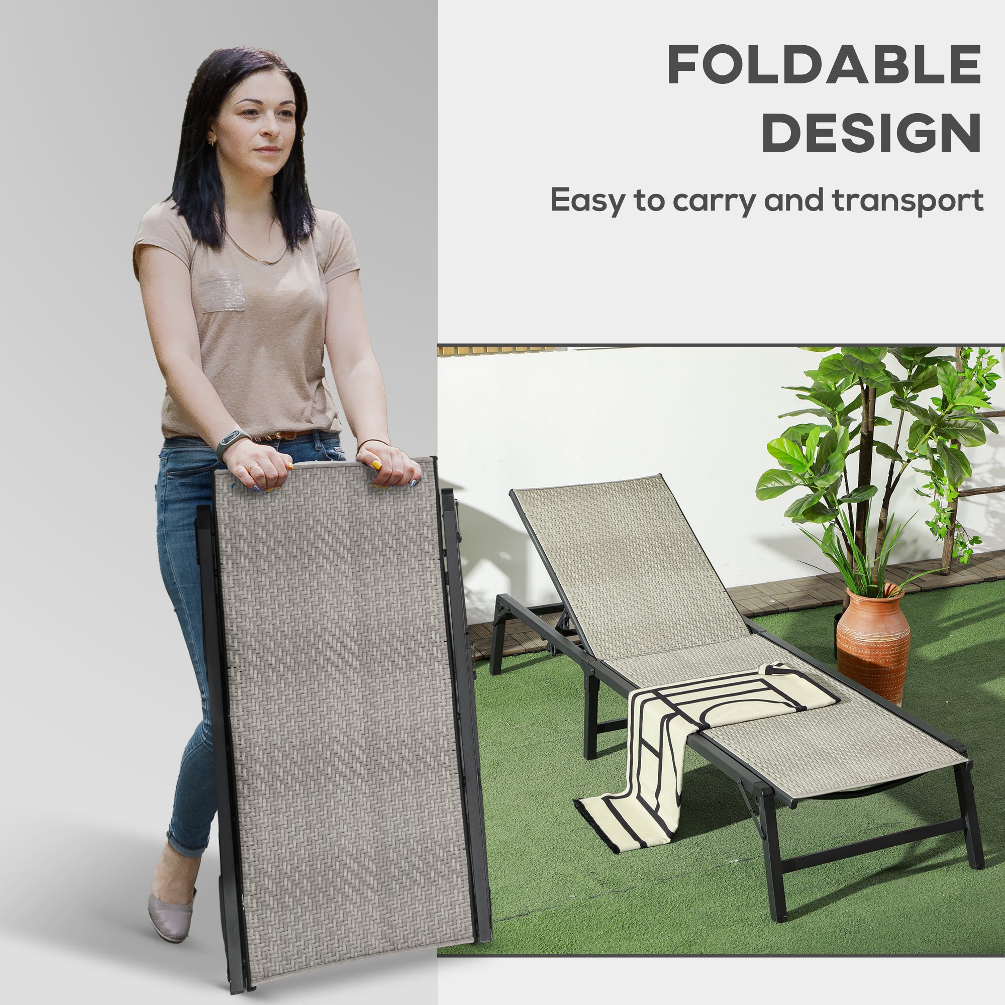 Outsunny Foldable Rattan Sun Lounger with 5-Level Adjust Backrest, Recliner Chair, Mixed Grey - North Peak Garden Furniture