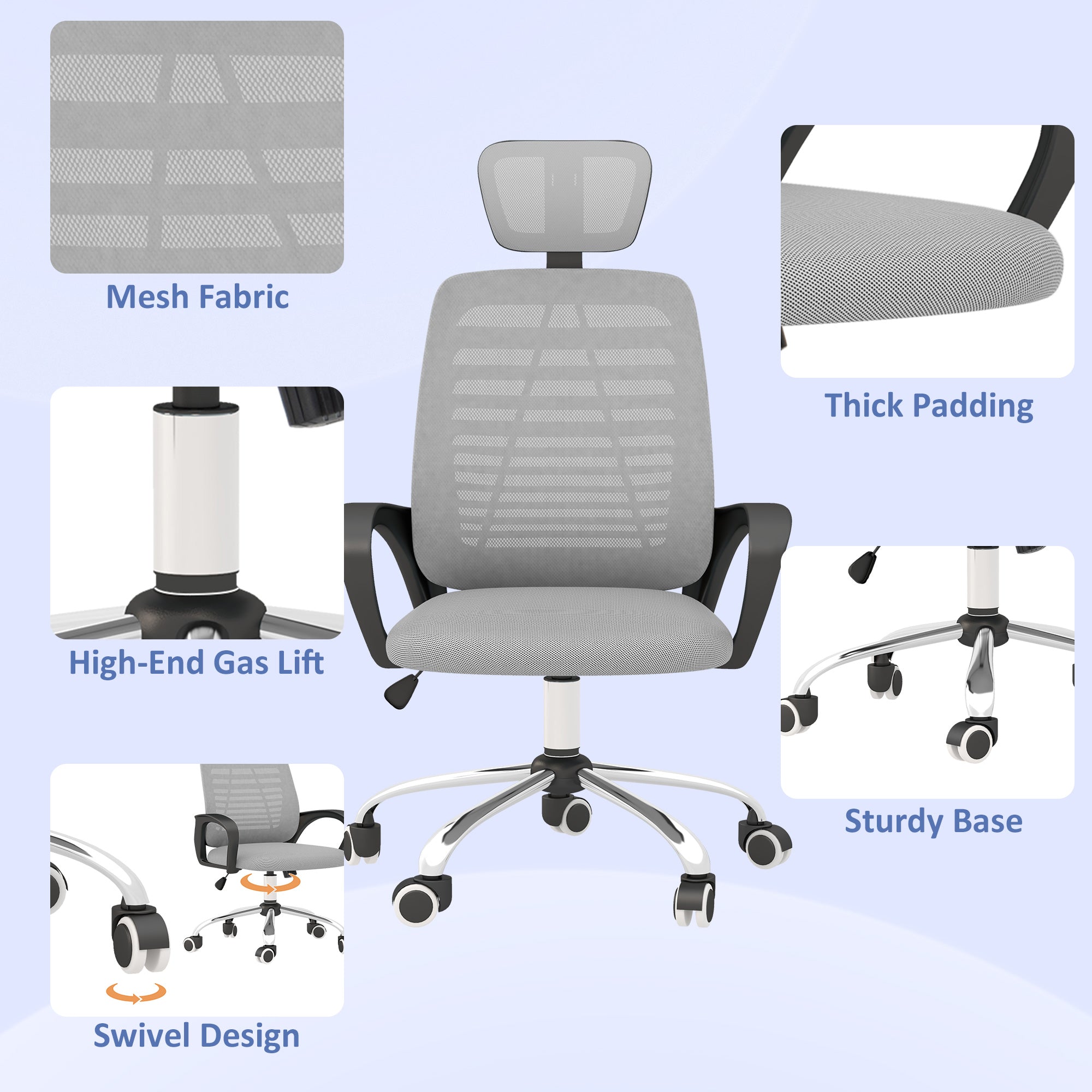 Vinsetto Ergonomic Office Chair, Mesh Desk Chair with Rotatable Headrest, Lumbar Back Support, Armrest, Grey - North Peak Garden Furniture