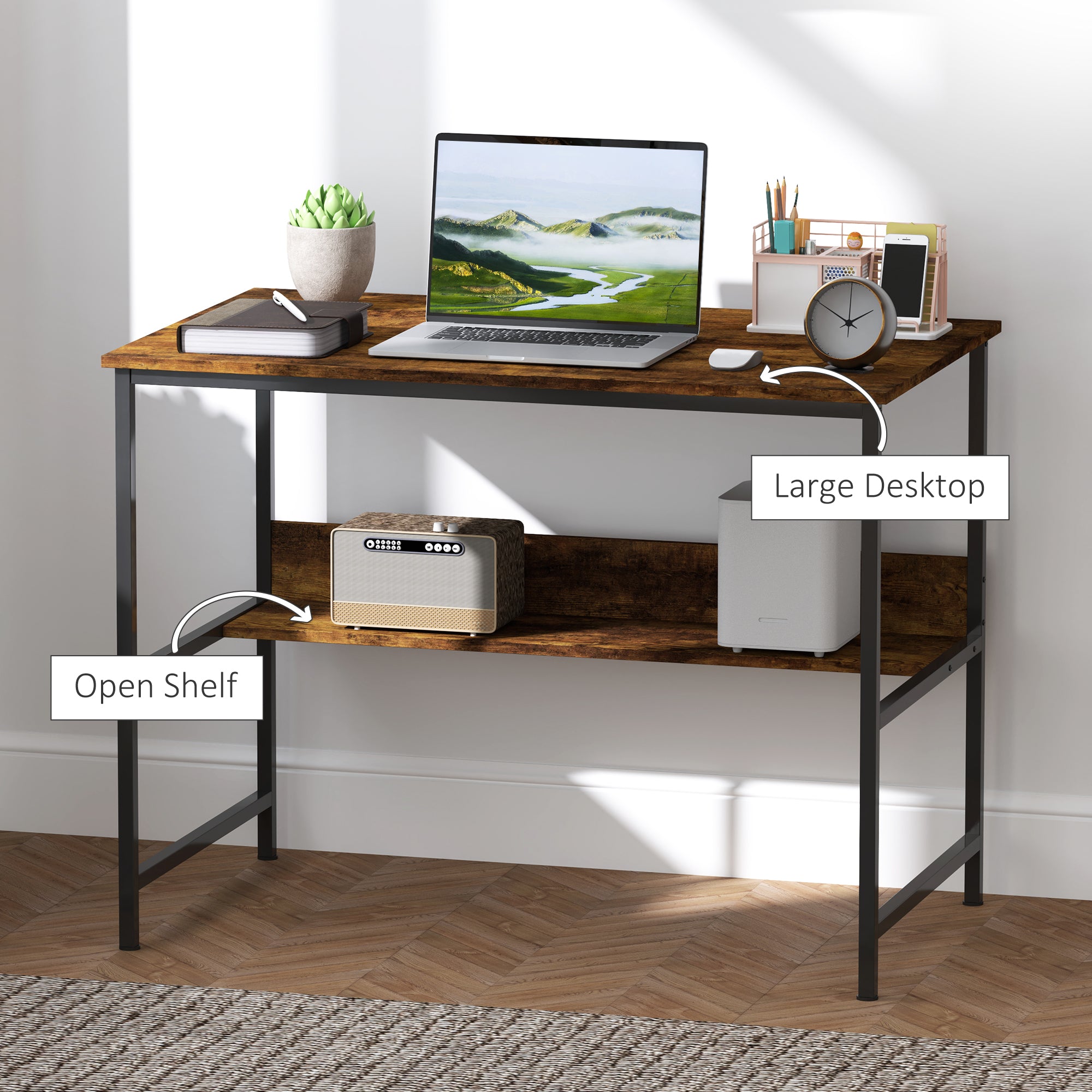 HOMCOM 2-Tier Computer Desk, 100 x 60 cm, Rustic Brown - North Peak Garden Furniture
