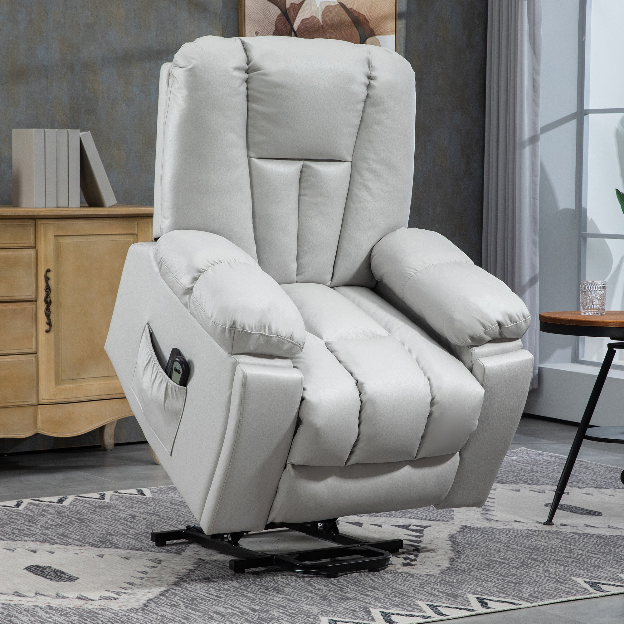HOMCOM Leathaire Eight Massage Point Armchair, with Reclining Back - Light Grey - North Peak Garden Furniture