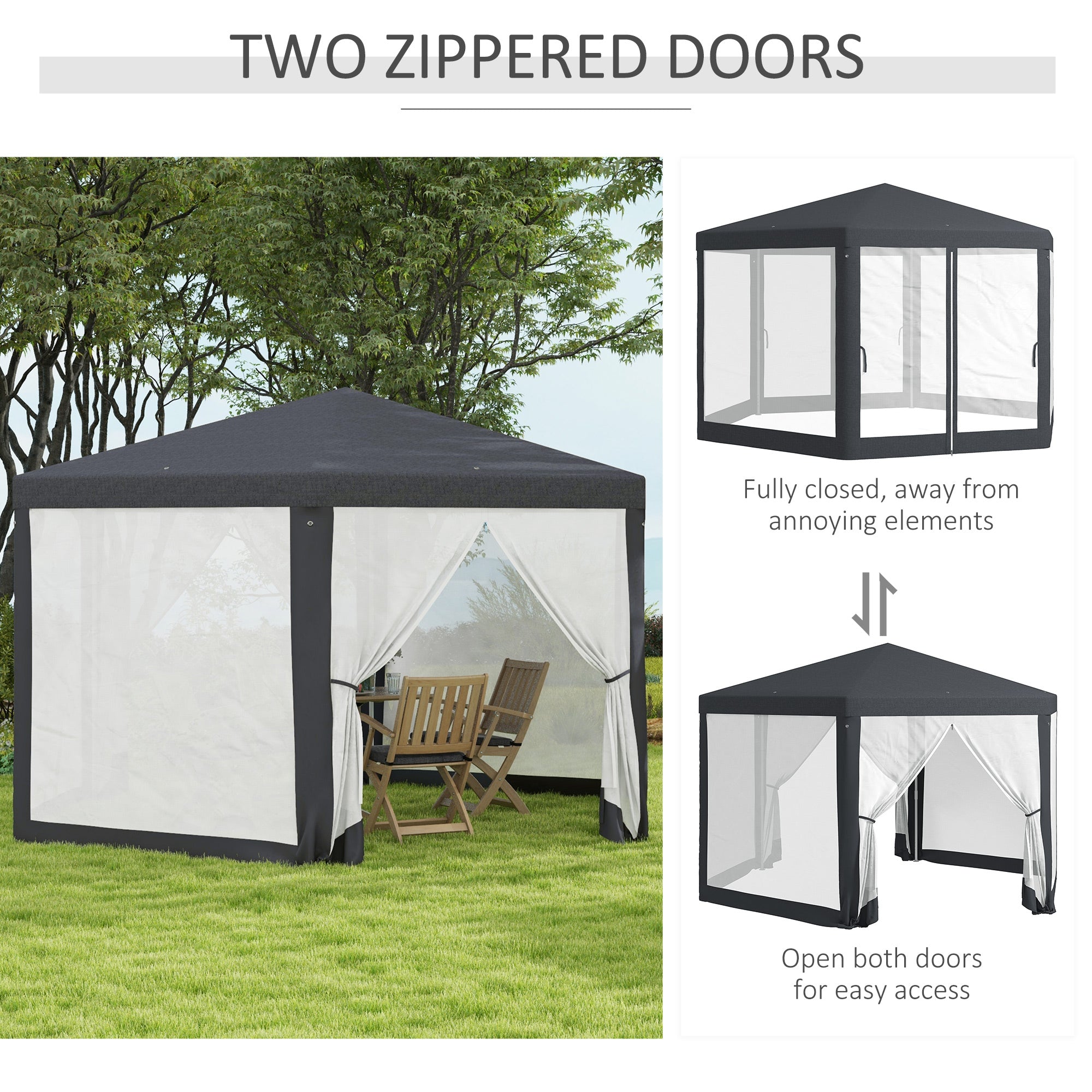 Outsunny 4M Hexagon Gazebo, Netting Party Tent, Patio Canopy Outdoor Event Shelter for Activities, Shade Resistant, Dark Grey - North Peak Garden Furniture