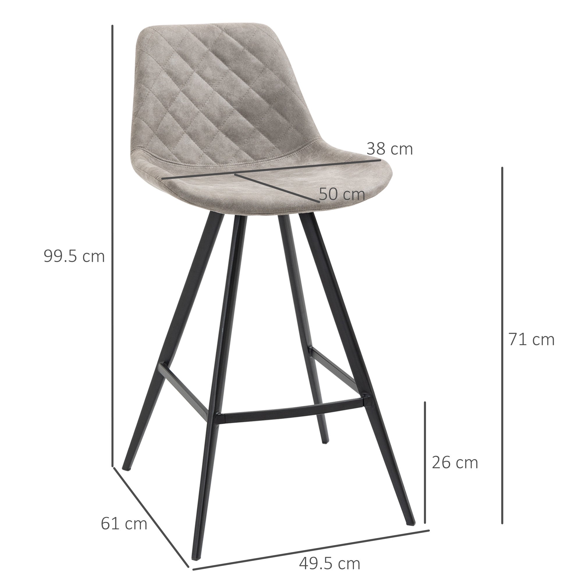 HOMCOM Set Of 2 Bar Stools Vintage Microfiber Cloth Tub Seats Padded Comfortable Steel Frame Footrest Quilted Home Bar Cafe Kitchen Chair Stylish Grey - North Peak Garden Furniture