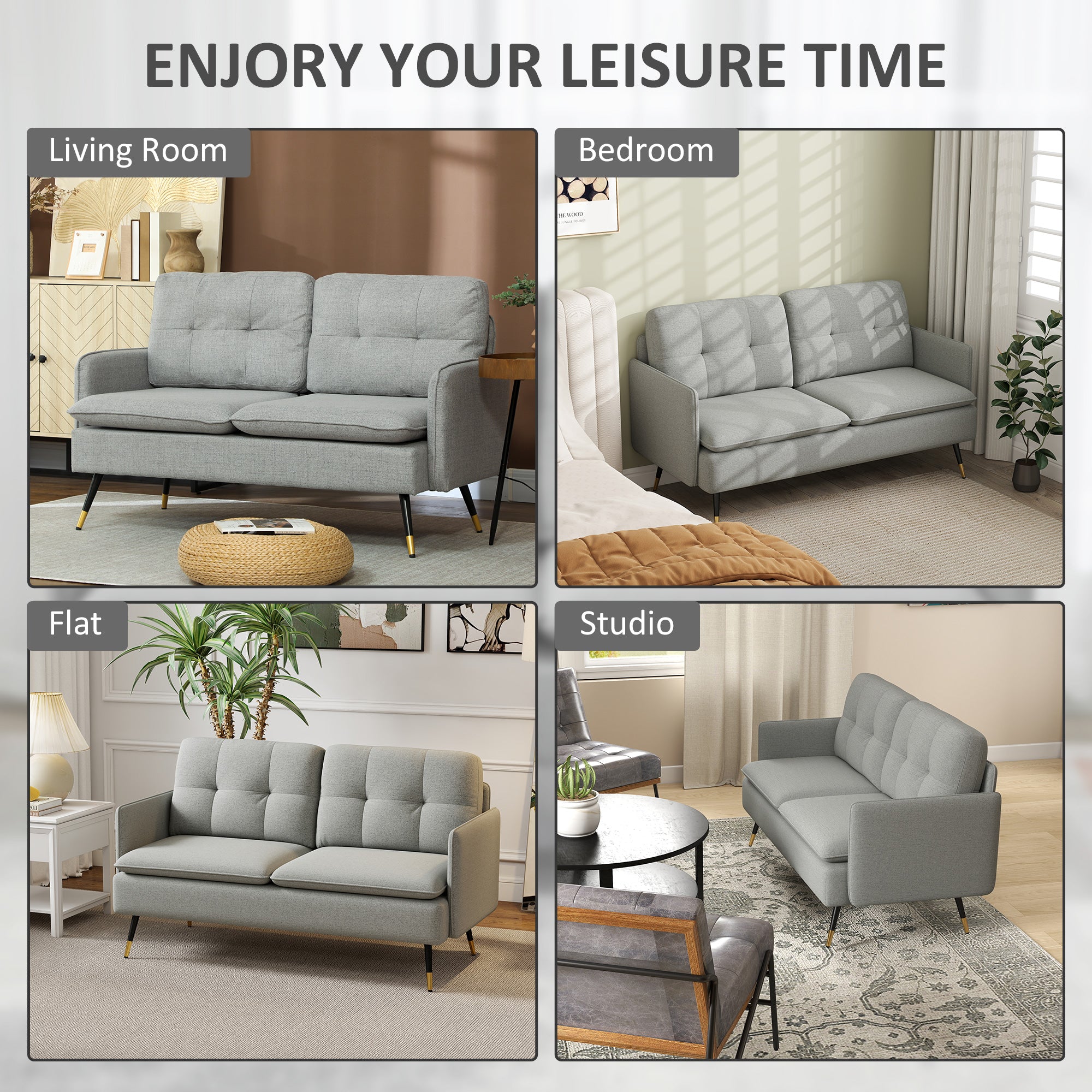 HOMCOM Modern Two Seater Sofa, Button Tufted Loveseat with Cushions and Steel Legs for Living Room, Guest Room, Grey - North Peak Garden Furniture