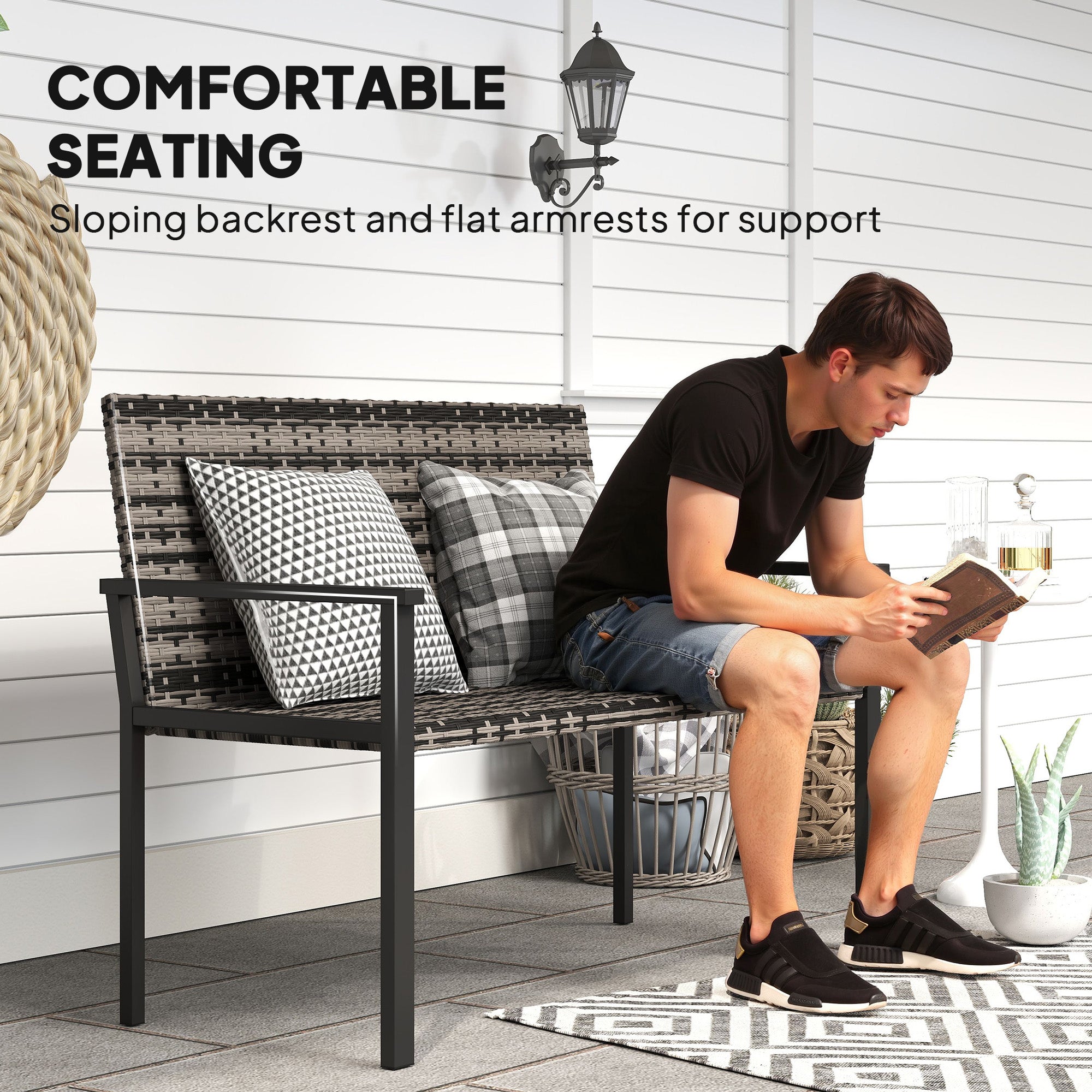 Outsunny 2 Seater Rattan Garden Bench, Outdoor Bench with Quick-Drying Cotton Padding, Wicker Garden Loveseat with Armrests, Steel Frame for Patio, Park, Mixed Grey - North Peak Garden Furniture