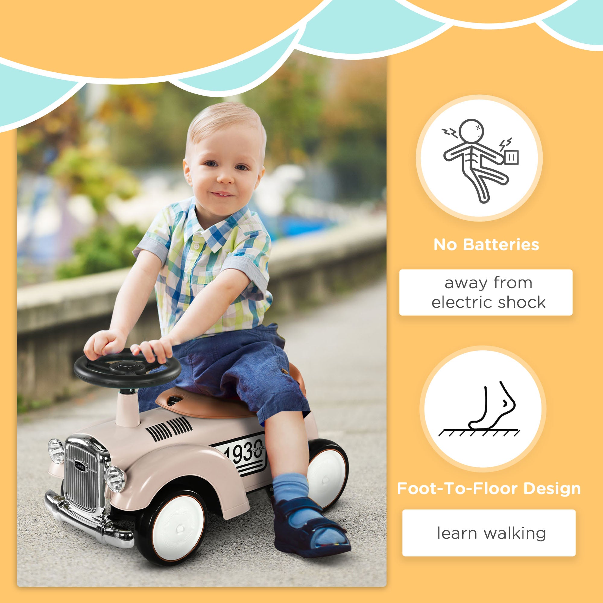 AIYAPLAY Foot to Floor Slider for Toddlers with Under-Seat Storage, Ride on Sliding Car with Horn, for Ages 12-36 Months - Cream - North Peak Garden Furniture