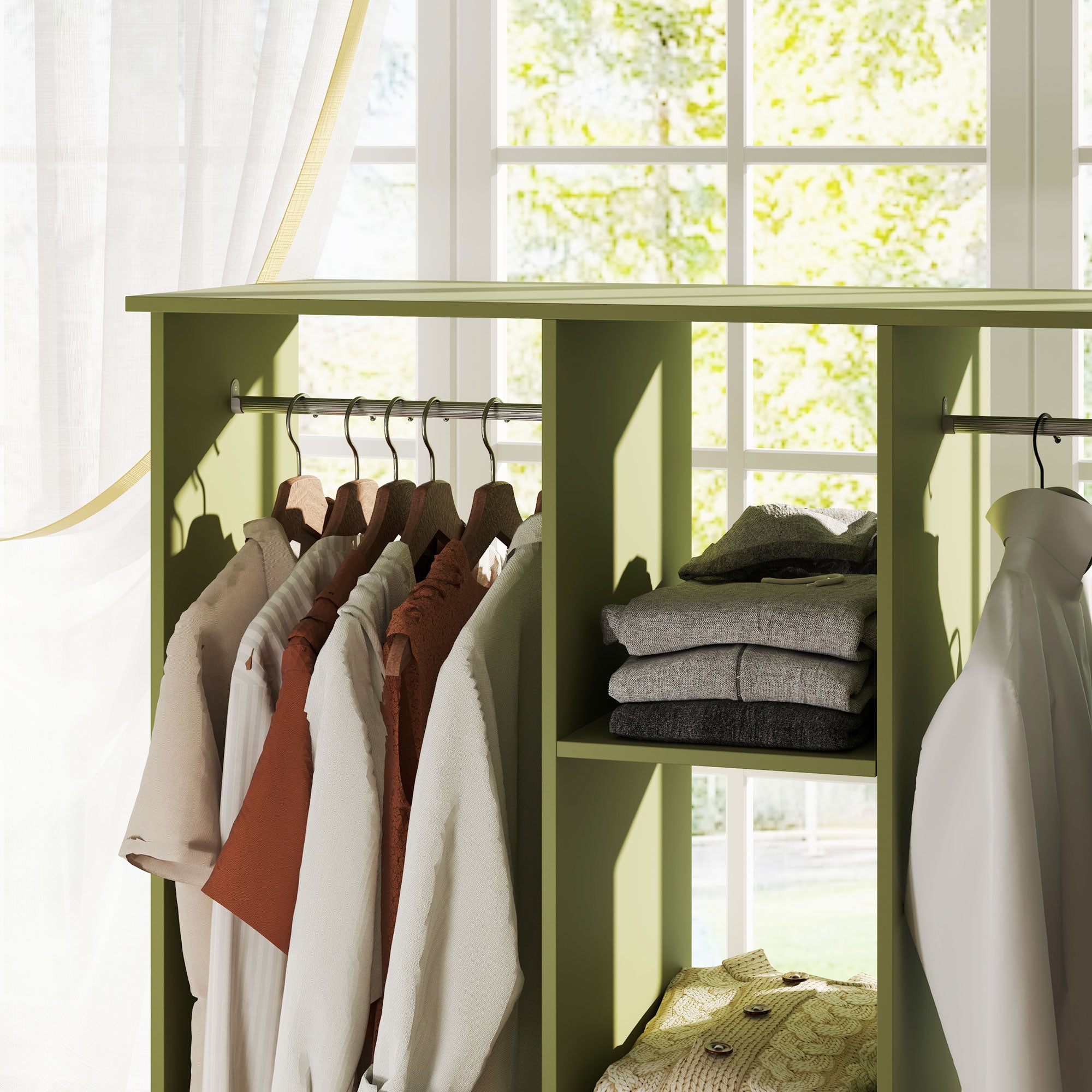 HOMCOM Open Wardrobe Double Mobile Storage Shelves Organizer W/6 Wheels-Green - North Peak Garden Furniture
