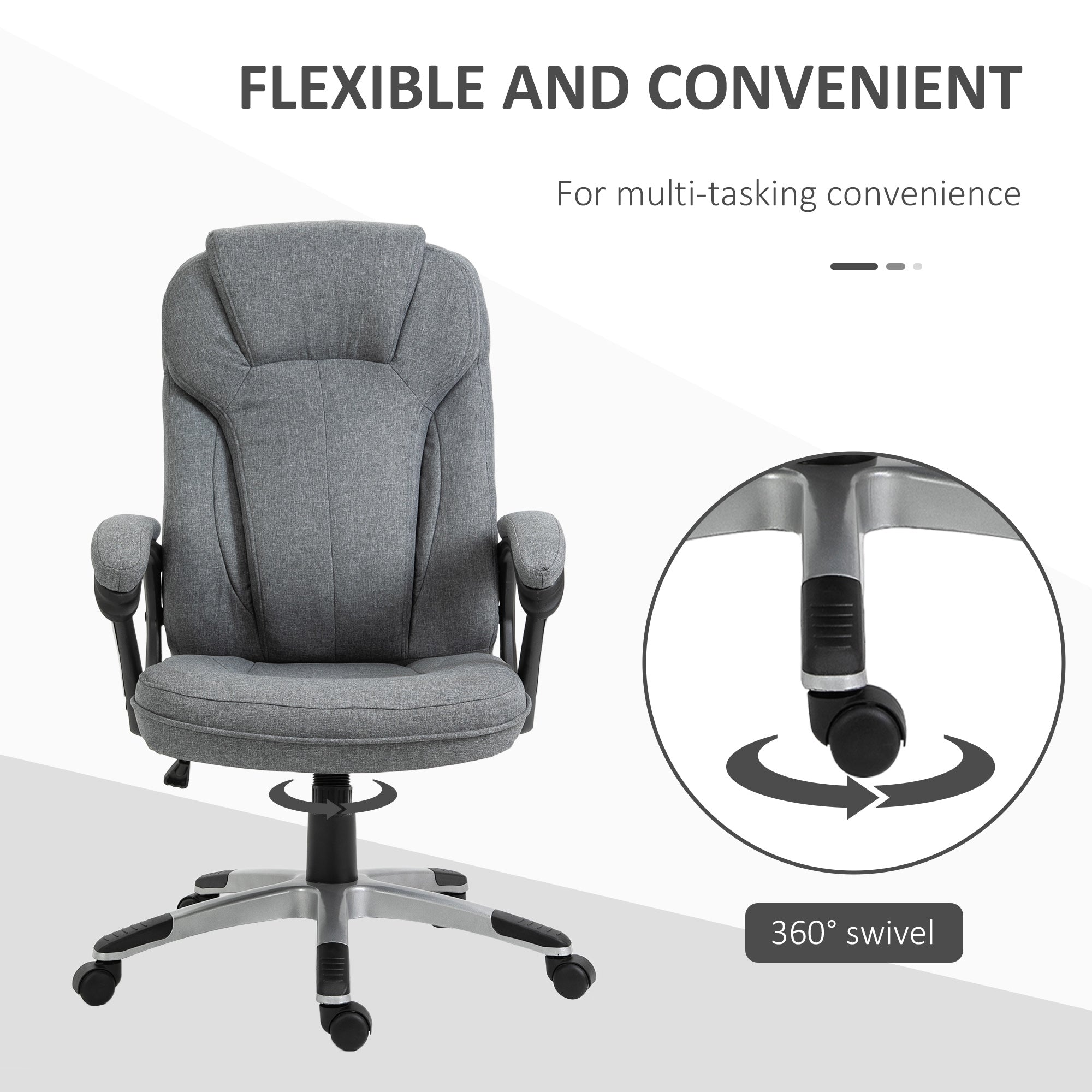 Vinsetto Office Chair, Linen Fabric Desk Chair, Height Adjustable Computer Chair with Padded Armrests, Swivel Wheels and Tilt Function, Grey - North Peak Garden Furniture