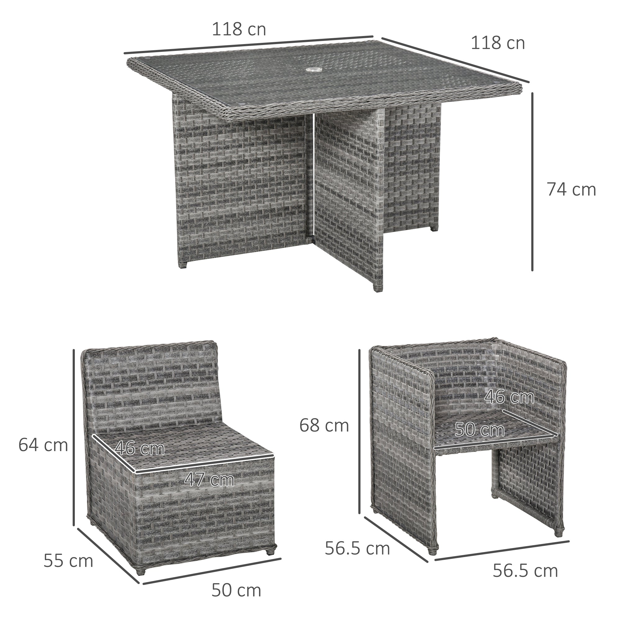 Outsunny 8 Seater Rattan Cube Garden Furniture Set with Parasol Hole, Rattan Dining Set with Cushions, Outdoor Dining Table and Chairs with Square Glass Top Table for Patio, Balcony, Mixed Grey - North Peak Garden Furniture