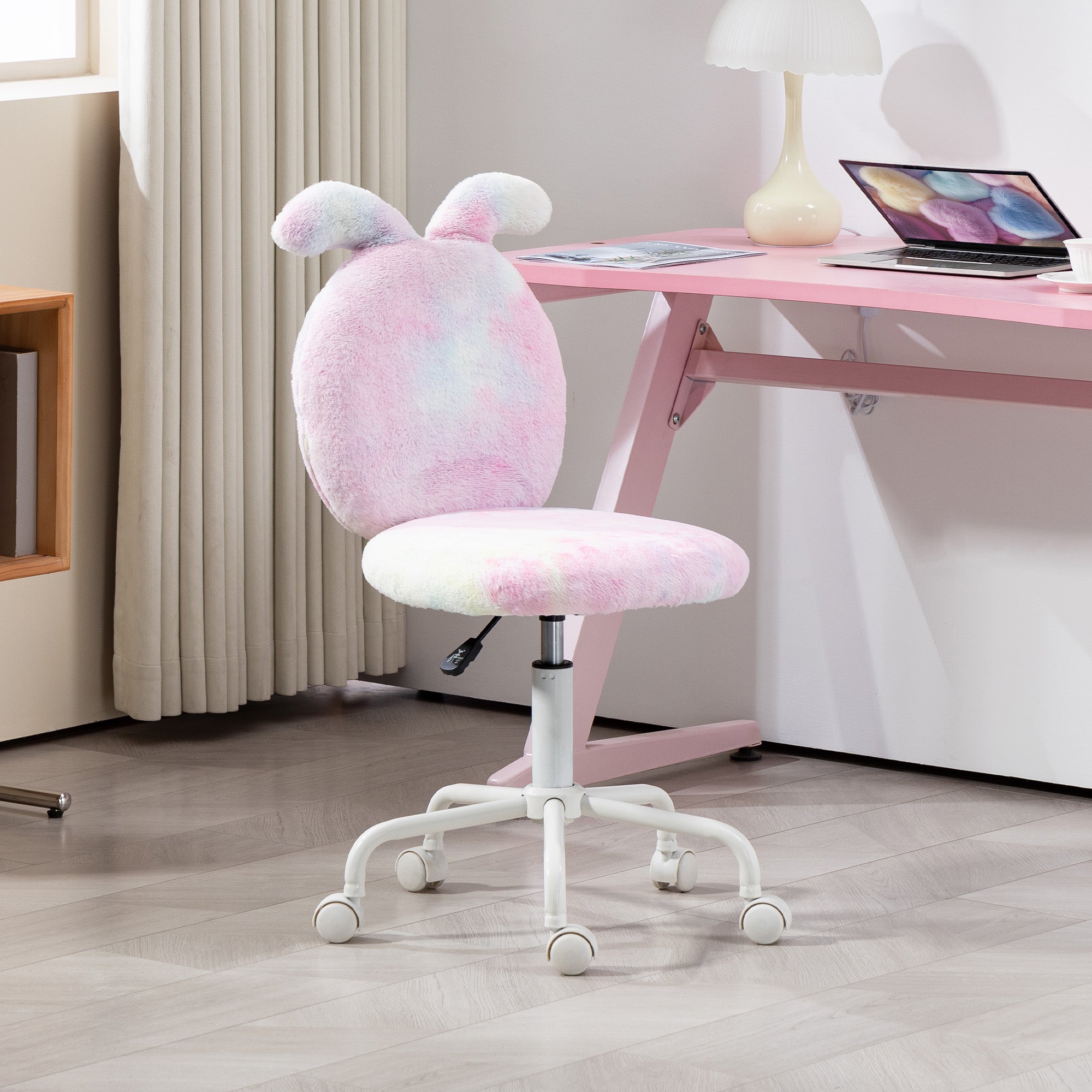 HOMCOM Fuzzy Office Chair with Bunny Ears, Faux Fur Swivel Desk Chair, Armless Makeup Vanity Chair with Adjustable Height for Bedroom, Study Room, Colourful - North Peak Garden Furniture