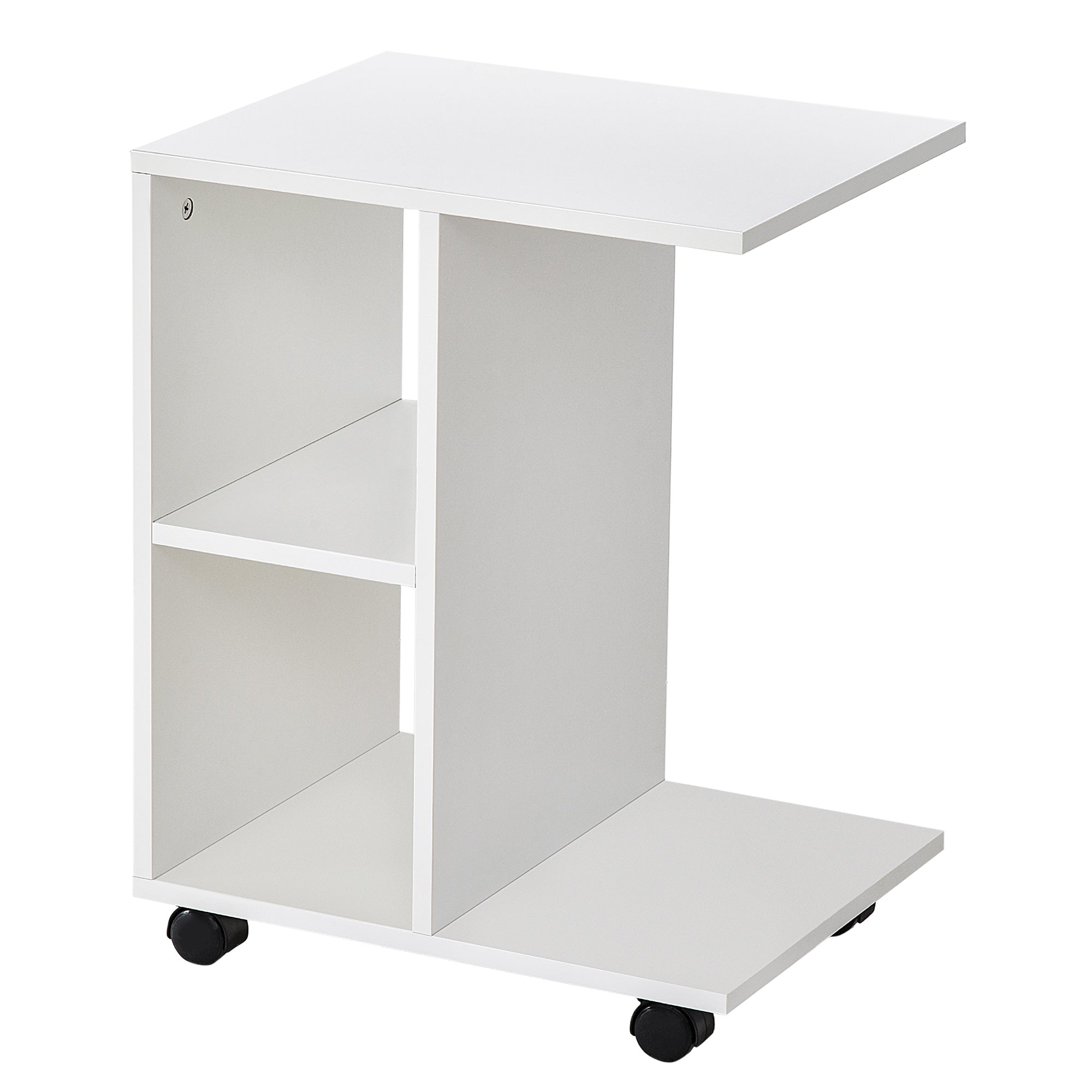 HOMCOM C-Shape End Table Unique Storage Unit w/ 2 Shelves 4 Wheels Freestanding Home Furniture Cabinet Square White