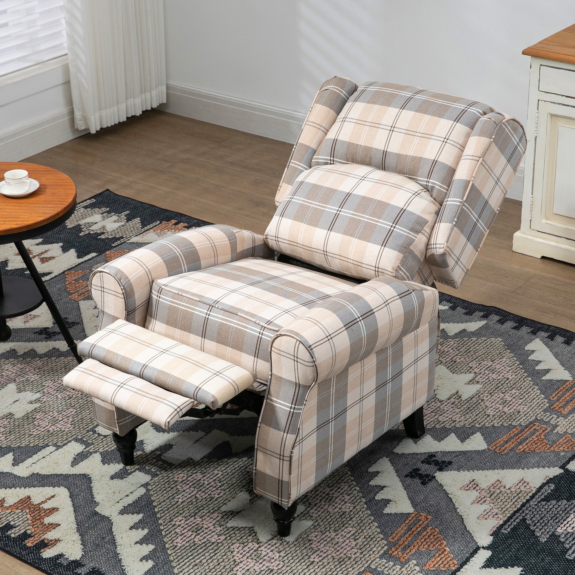HOMCOM Farmhouse Recliner Armchair for Living Room, Wingback Reclining Chair with Footrest, Round Armrests and Rubber Wood Legs, Khaki - North Peak Garden Furniture