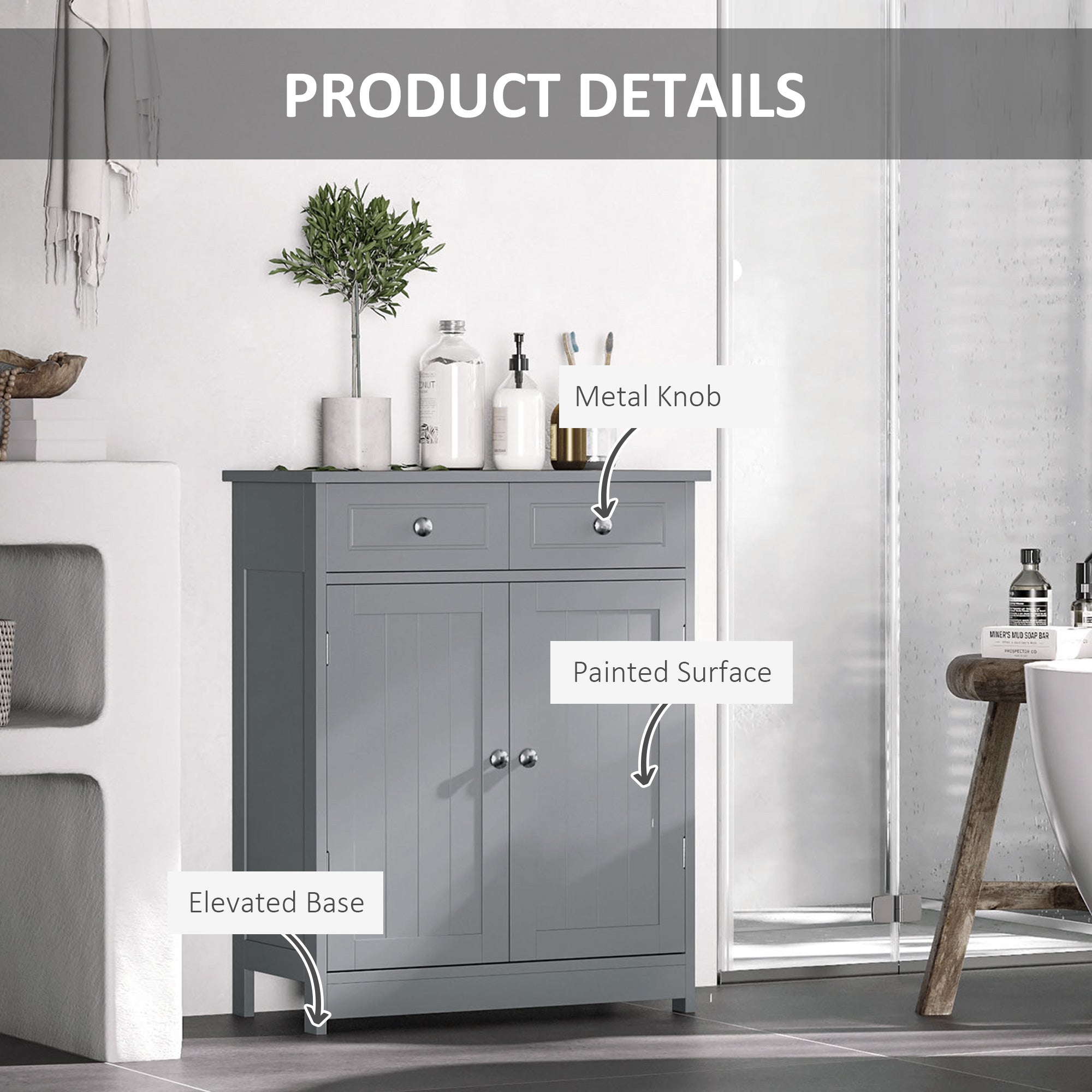kleankin 75x60cm Freestanding Bathroom Storage Cabinet Unit w/ 2 Drawers Cupboard Adjustable Shelf Metal Handles Traditional Style Grey - North Peak Garden Furniture