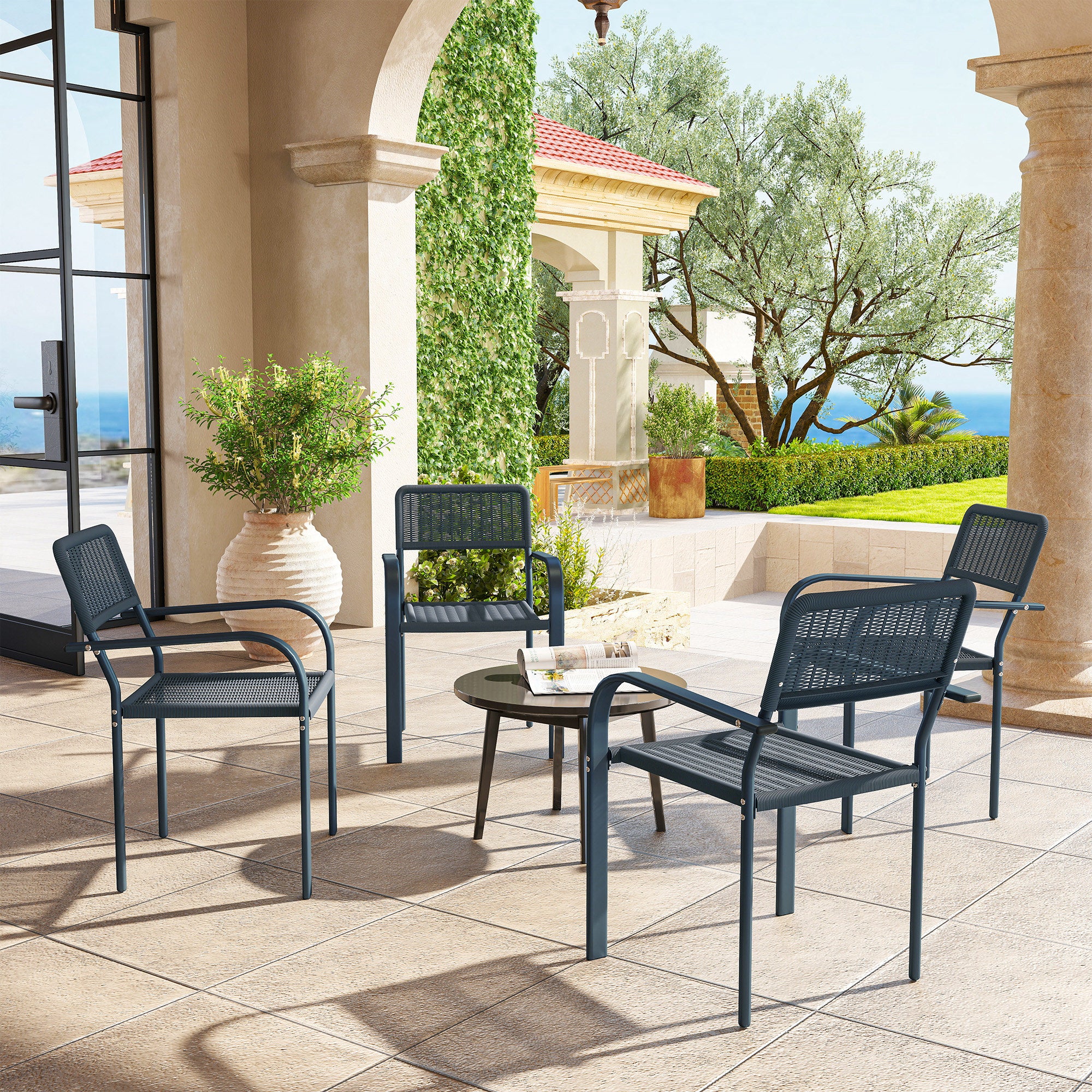 Outsunny Garden Chairs Set of 4, Stackable Rattan Effect Dining Chairs with Armrest, Weather Resistant and Lightweight Outdoor Furniture Armchairs for Patio, Balcony, Terrace, Dark Grey - North Peak Garden Furniture