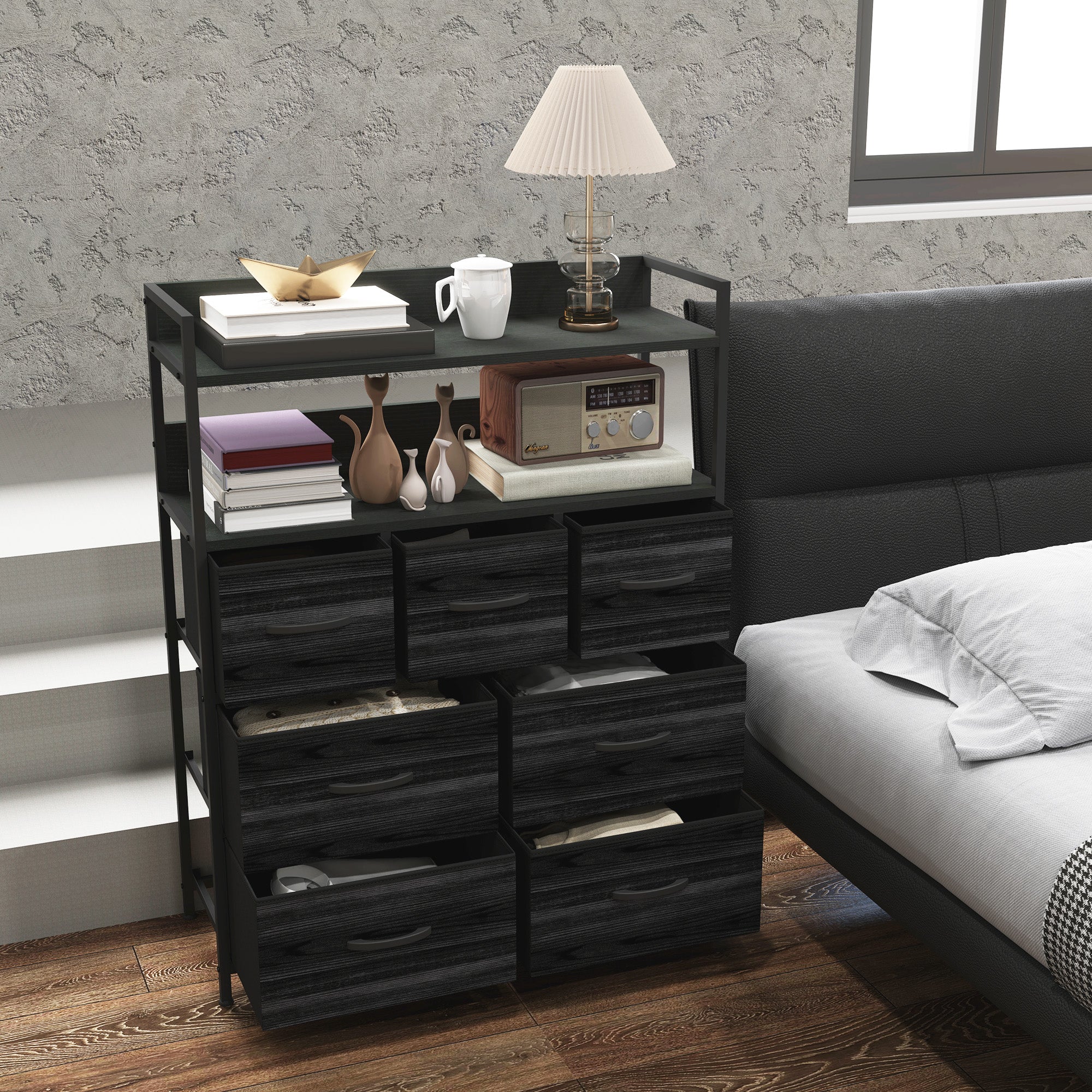 HOMCOM Rustic Chest of Seven Fabric Drawers - Black - North Peak Garden Furniture