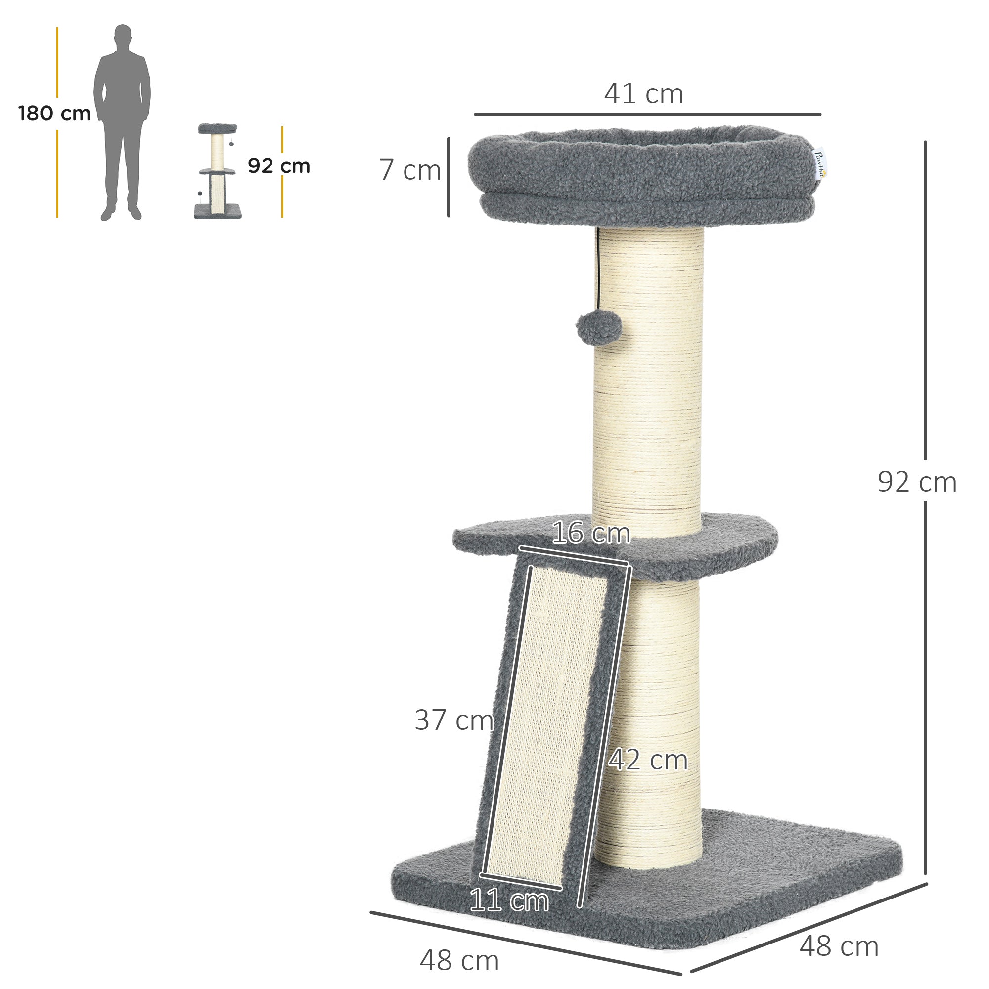 PawHut Cat Tree Tower with Scratching Posts, Pad, Bed, Toy Ball-Dark Grey - North Peak Garden Furniture