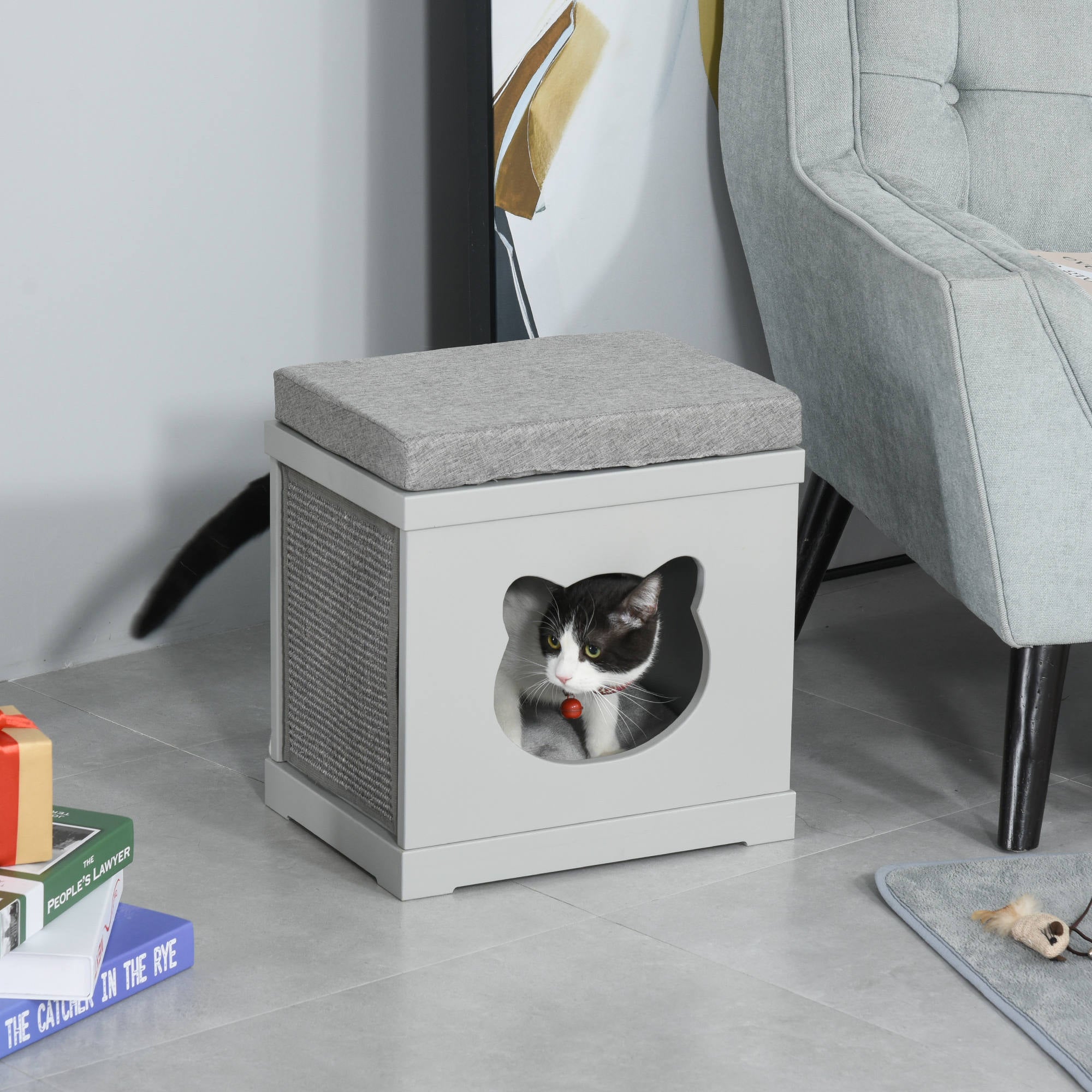 PawHut Cat House Bed Kitten Cave Cube Indoor for Small Pet with Removable Sisal Scratching Pads Soft Cushions, 41x30x36 cm, Grey - North Peak Garden Furniture