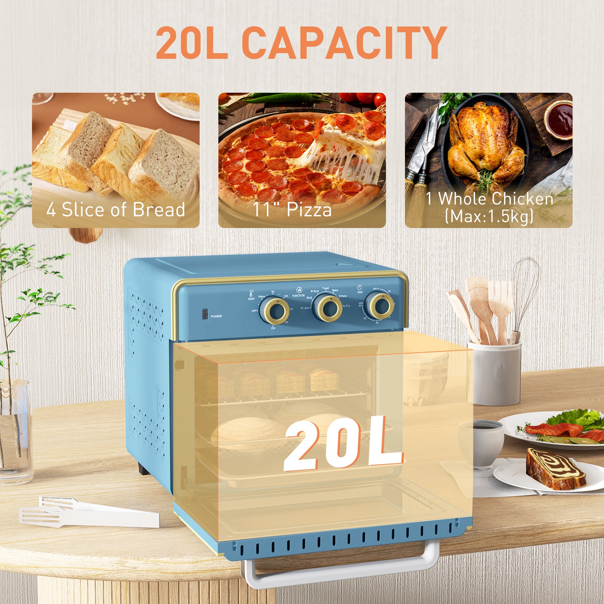 HOMCOM 20L 90-230℃ Mini Electric Oven - Blue - North Peak Garden Furniture