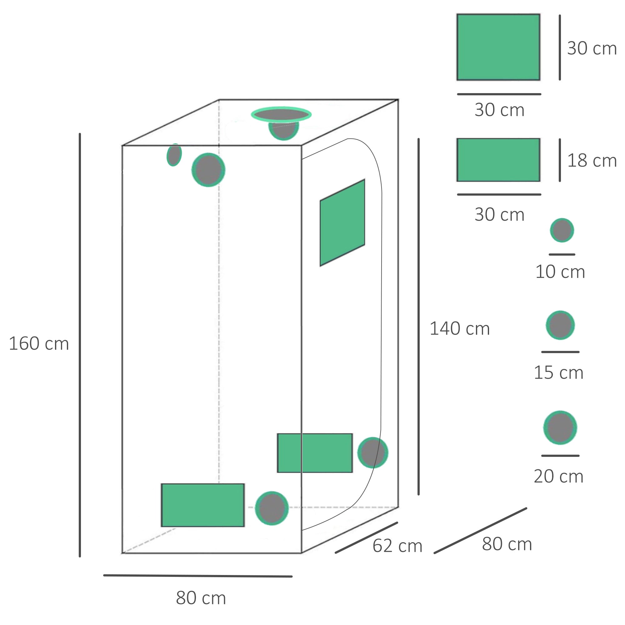 Outsunny Hydroponic Plant Grow Tent, 80L x 80W x 160Hcm-Black/Green