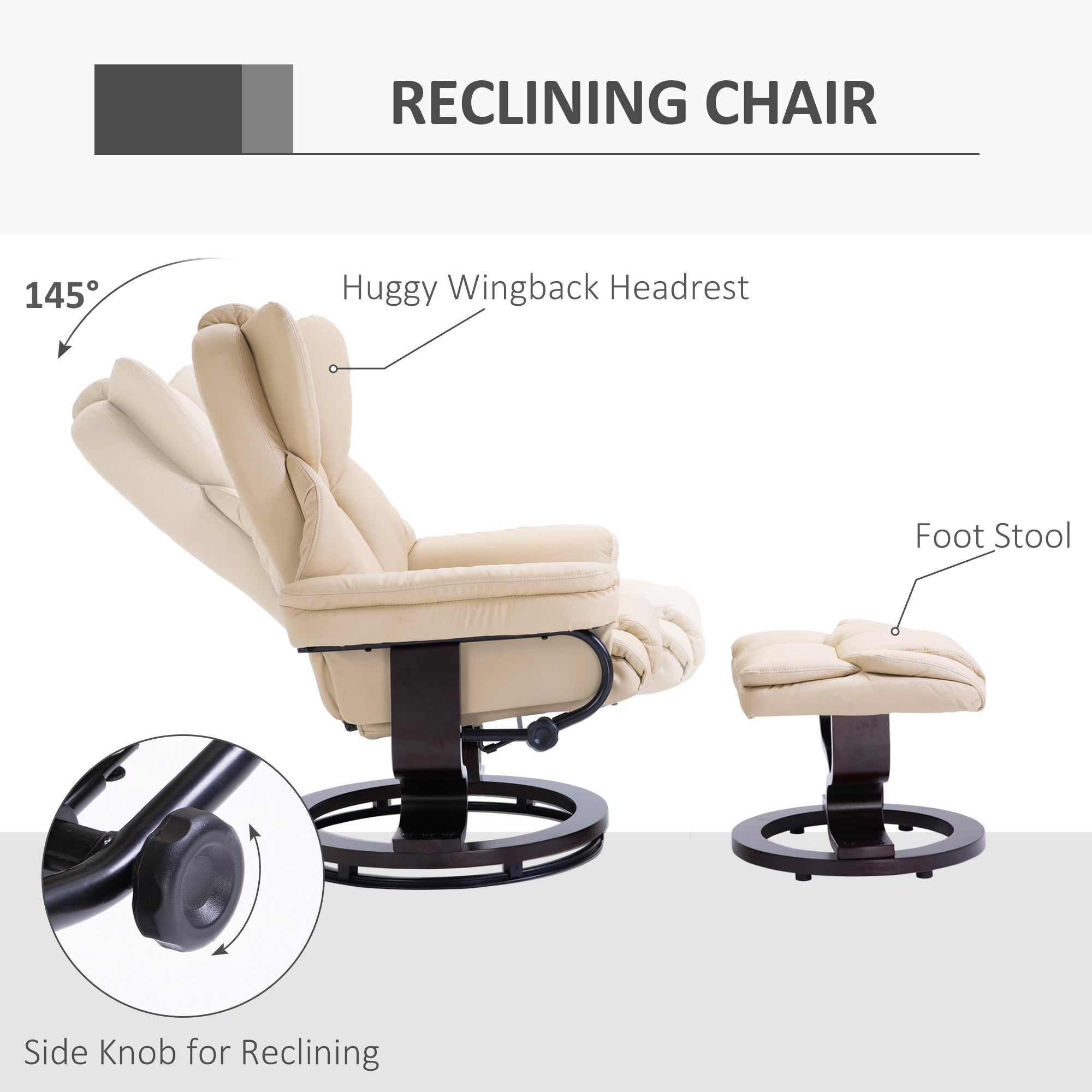 HOMCOM Faux Leather Recliner Chair and Footstool, Swivel Upholstered Armchair and Footstool with Adjustable Backrest, Solid Wood Base for Living Room, Cream - North Peak Garden Furniture