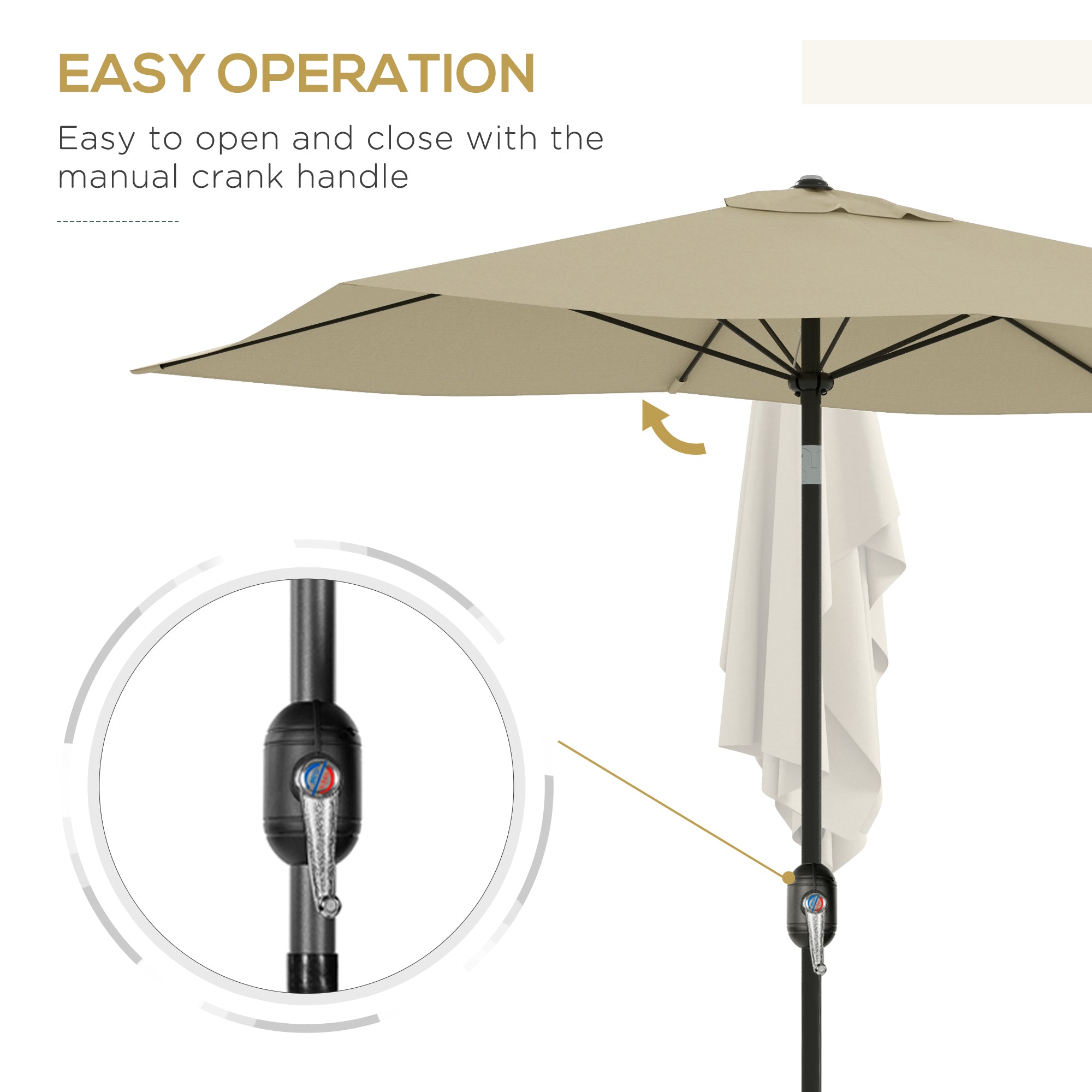 Outsunny 2 x 3(m) Garden Parasol Umbrella, Rectangular Outdoor Market Umbrella Sun Shade with Crank & Push Button Tilt, 6 Ribs, Aluminium Pole, Cream White