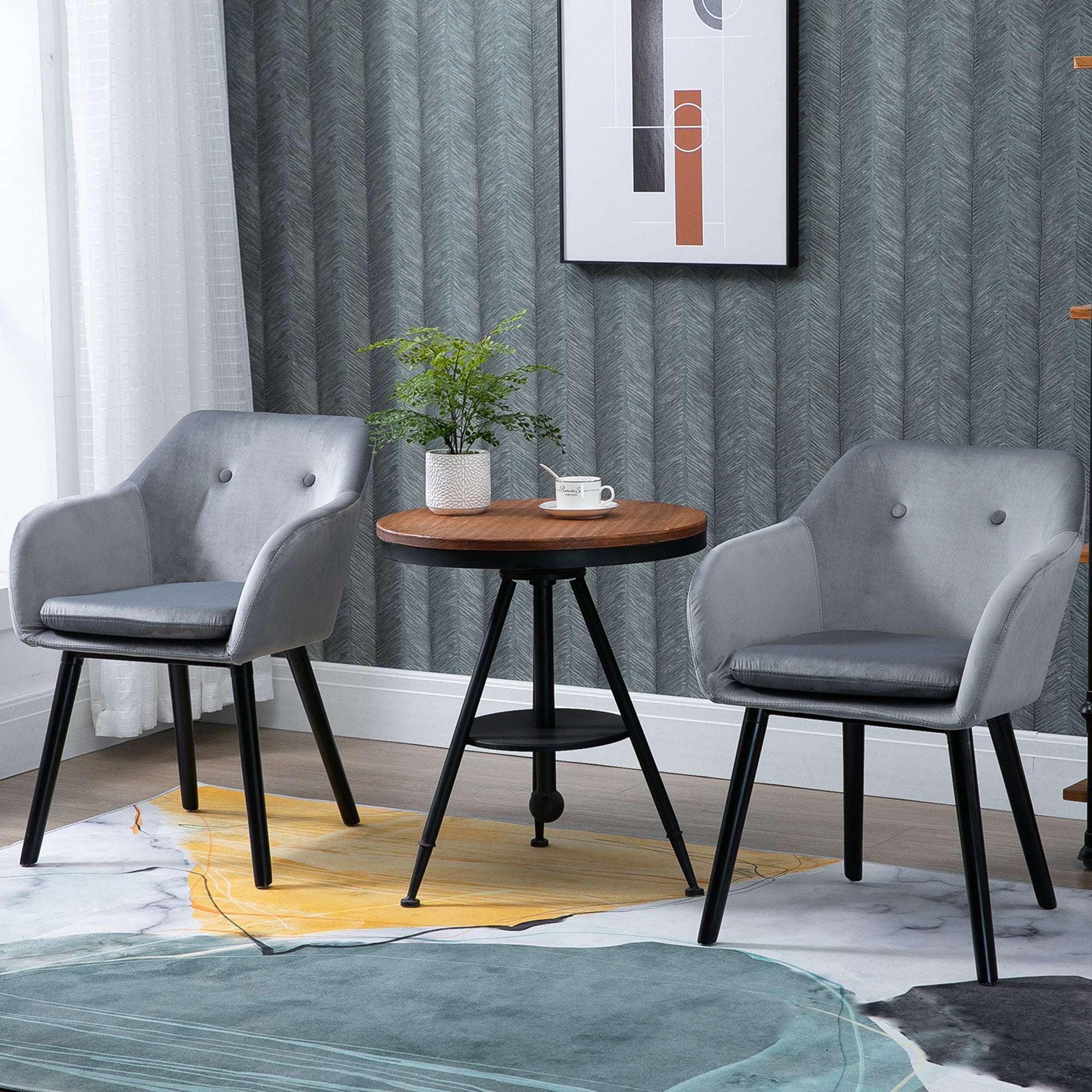 HOMCOM Dining Chairs Set of 2 Modern Upholstered Fabric Velvet-Touch Leisure Chairs with Backrest and Armrests, Lounge Reception Chairs for Home Office Kitchen Counter, Grey - North Peak Garden Furniture