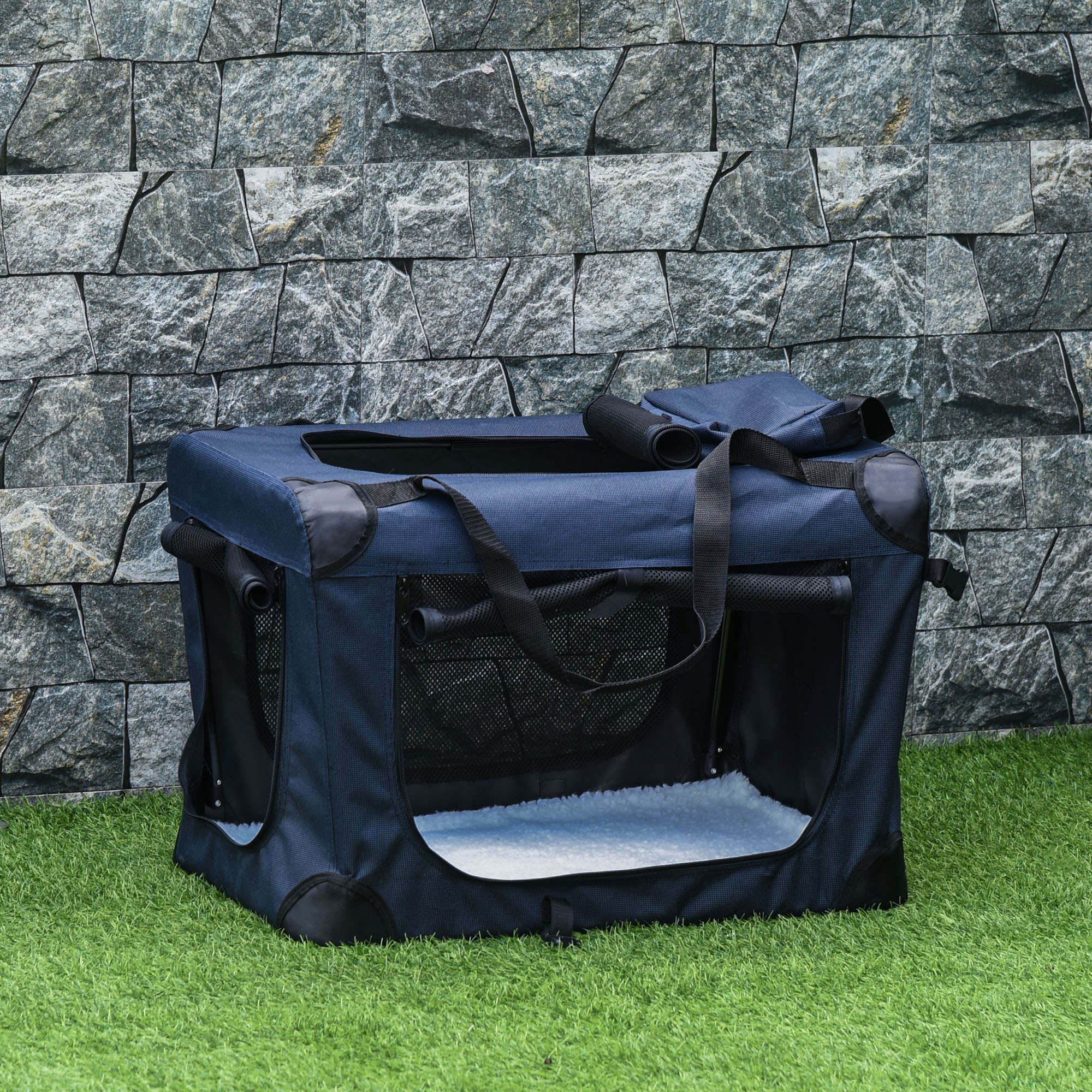 PawHut Foldable Pet Carrier for Small and Miniature Dogs, Portable Cat Carrier Soft Side Pet Travel Crate with Removable Mat, Storage Bags, Breathable Mesh 70 x 51 x 50cm - Dark Blue - North Peak Garden Furniture
