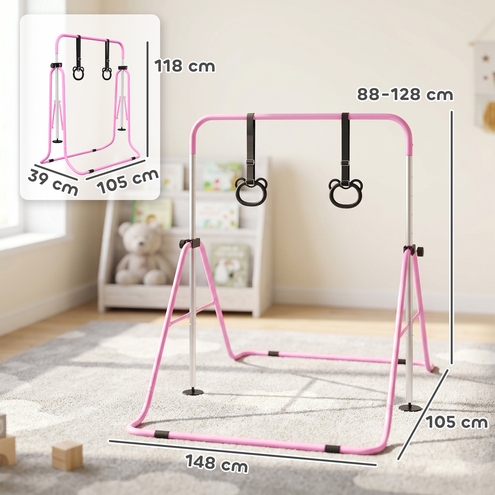 HOMCOM Adjustable Height, Foldable Kids Gymnastics Bar w/ Non-Slip Mats, for 3+ Years, Pink