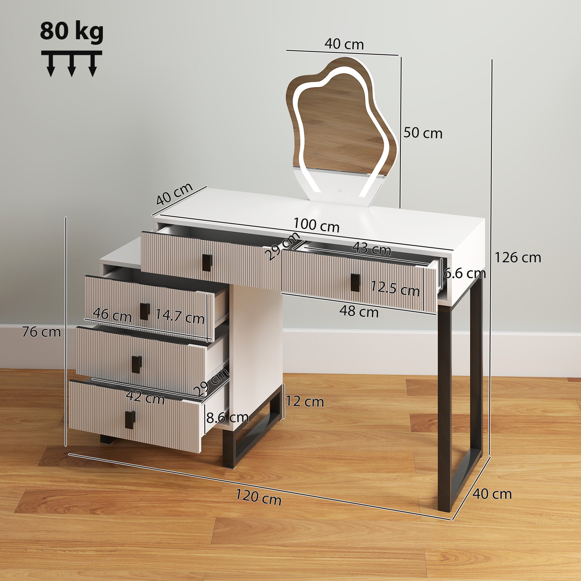 HOMCOM LED Lighted Dressing Table with Leaf Shape Mirror, Modern Vanity Desk with 5 Drawers, Makeup Desk with Fluted Panels, White