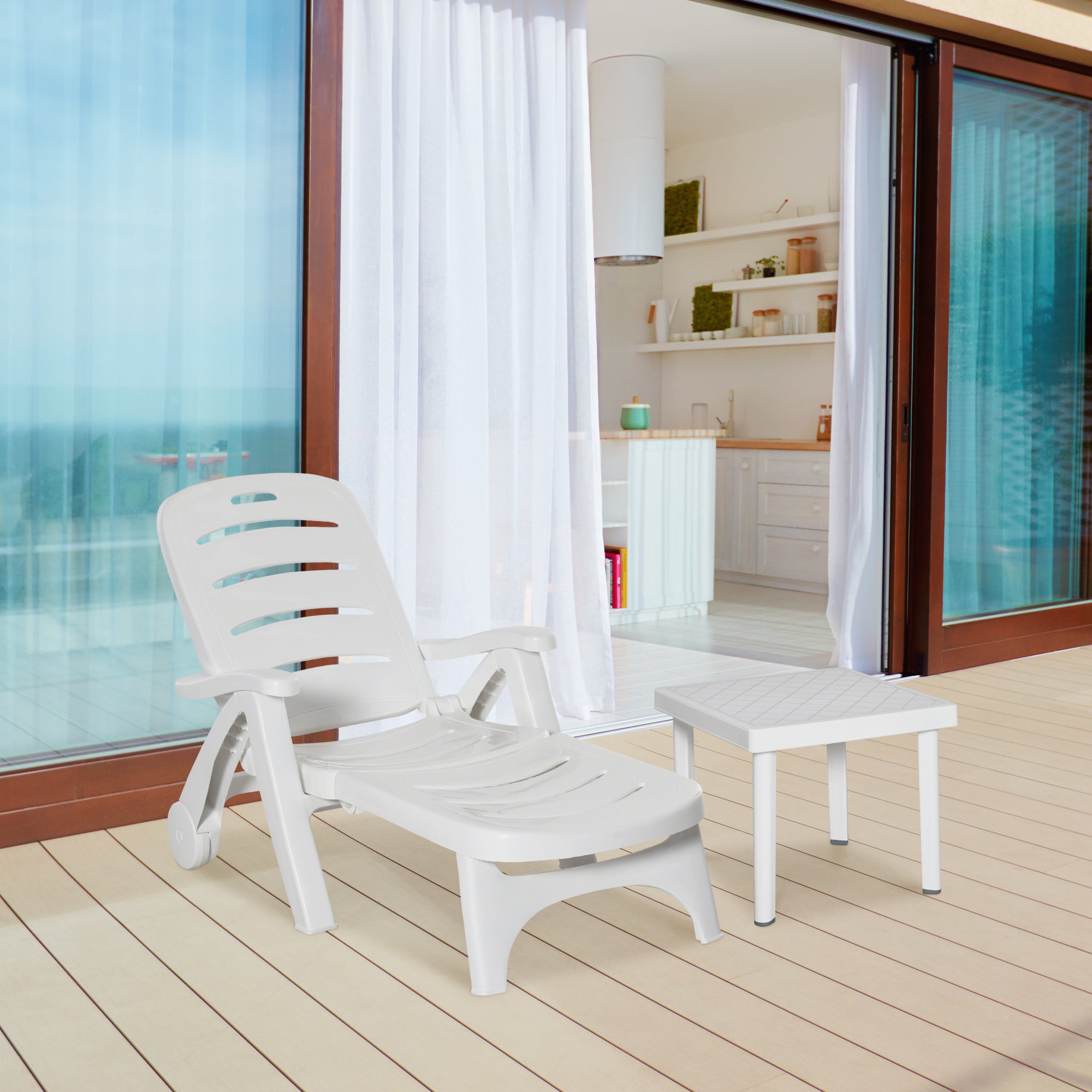 Outsunny 2pcs Garden Furniture Set Outdoor Furniture Set Dining Table, 1 Lounge Chair and 1 Garden Side Table White - North Peak Garden Furniture